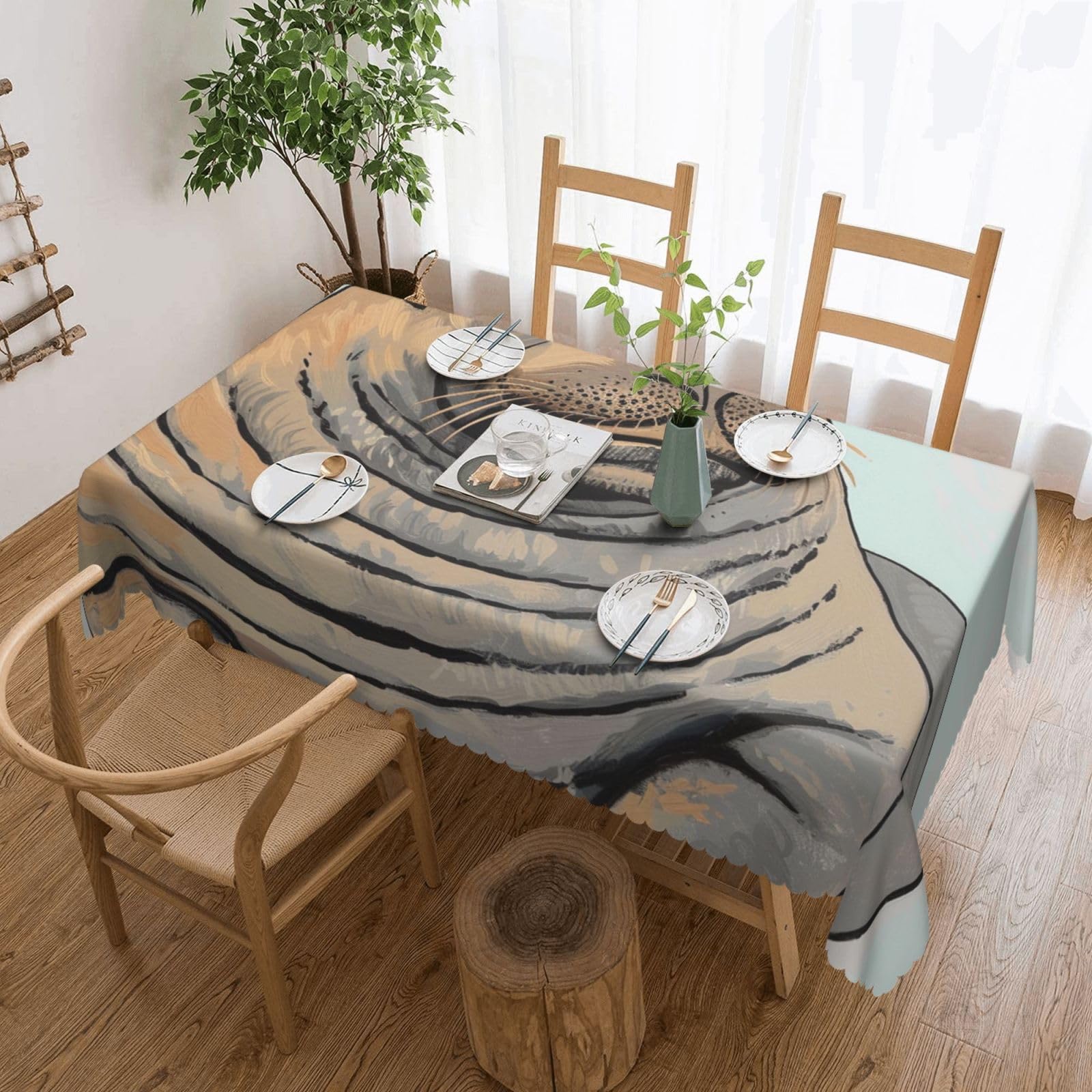 Walrus Art Printed Rectangle Tablecloth 72x54 Inch with Lace Trim, Water-Resistant Washable Table Cover for Farmhouse Weddings, Outdoor Picnics & Holiday Dining