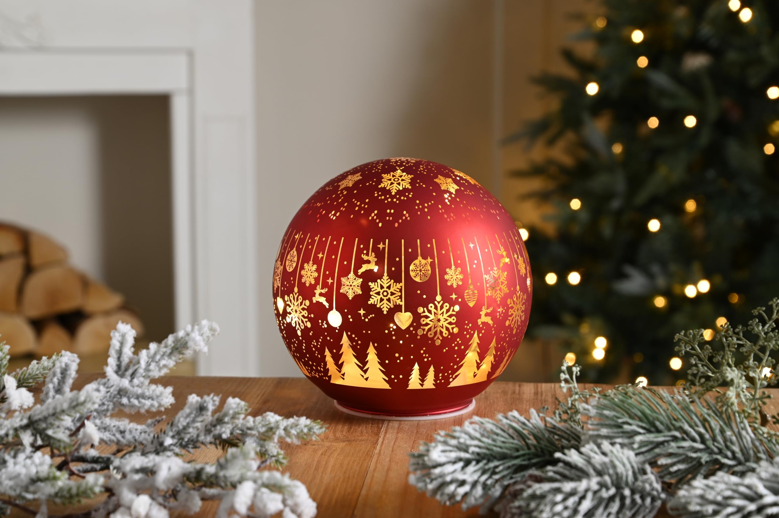 Festive Productions Red And Gold Festive Productiions 15Cm Light Up Snowflake Ball Tabletop Decoration