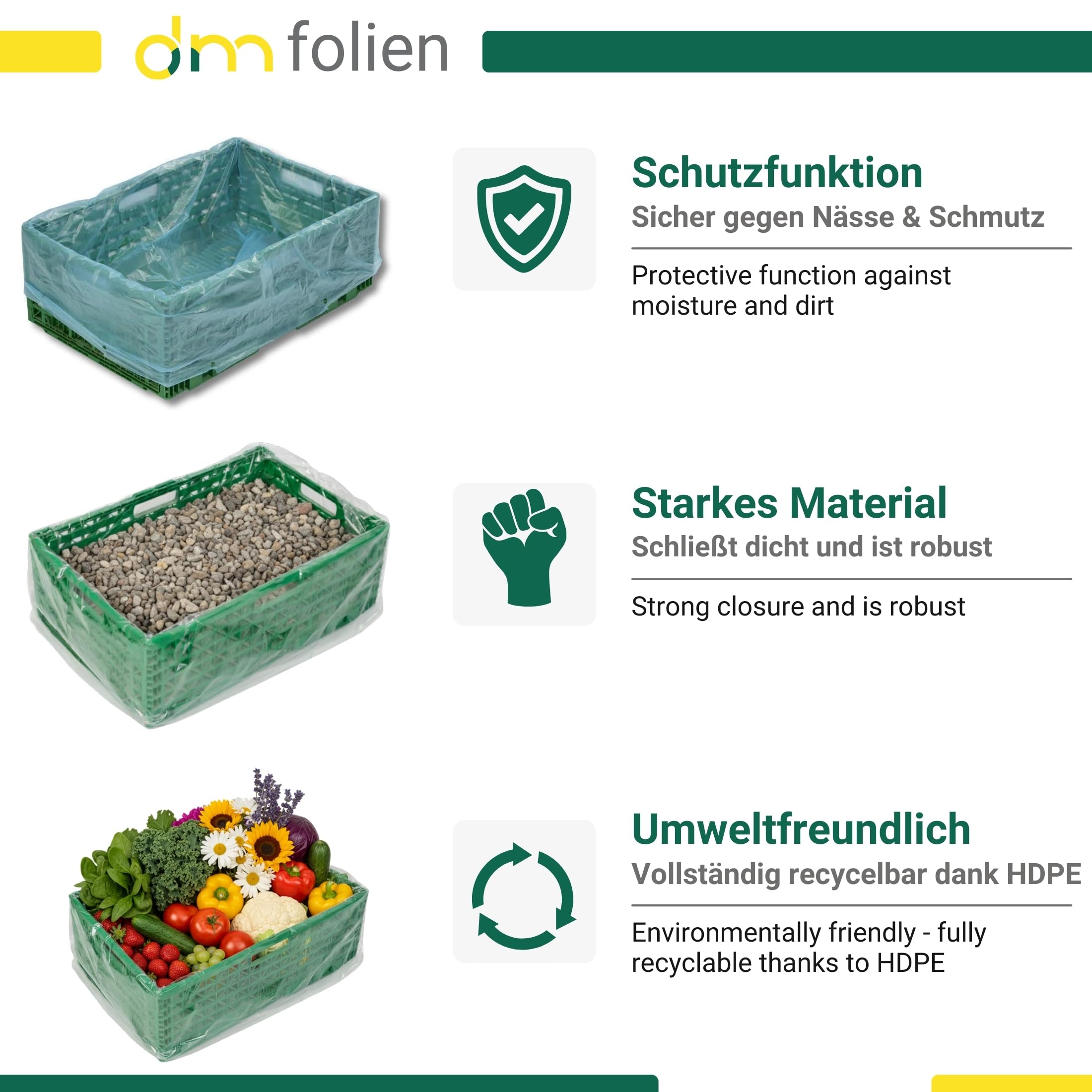 dm-folien Foliensäcke I 1000 Stück I 600+400x800mm I Lebensmittelechte Seitenfaltensäcke 10 µ I Blau-transluzente Beutel aus recycelbarem HDPE I Reißfeste Säcke für KLT-Kisten & Kartons