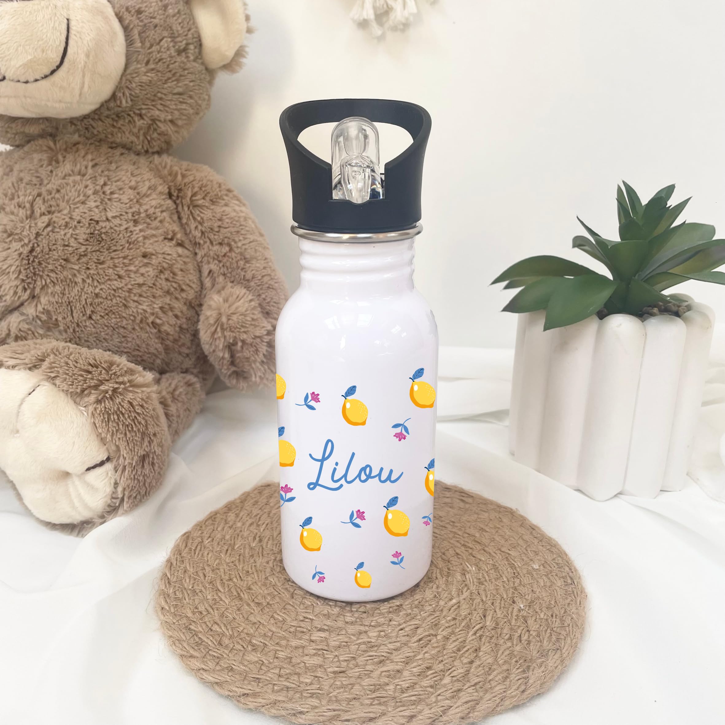 Ensemble gourde + boîte à goûter - école et centre aéré, pique nique enfant, gourde personnalisé, lunchbox personnalisé, gourde prénom enfant (Gourde + Boîte à goûter, Citron)