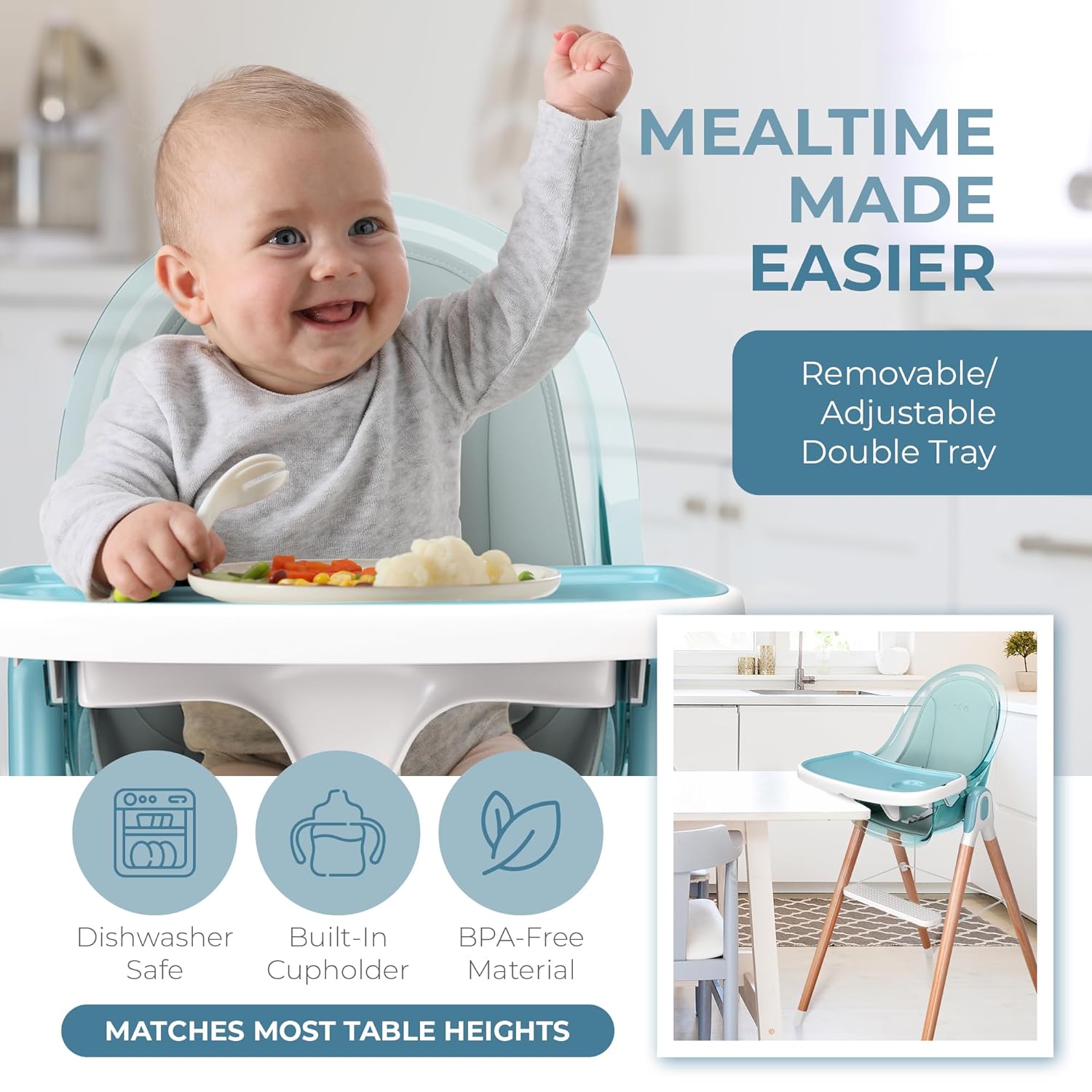 Children of Design 6 in 1 Deluxe Wooden High Chair for Babies & Toddlers, Modern Safe & Compact Baby Highchair, Easy to Clean & Assemble Removable Tray & Cushion, 6 Options 3 Seat Positions 2 Heights