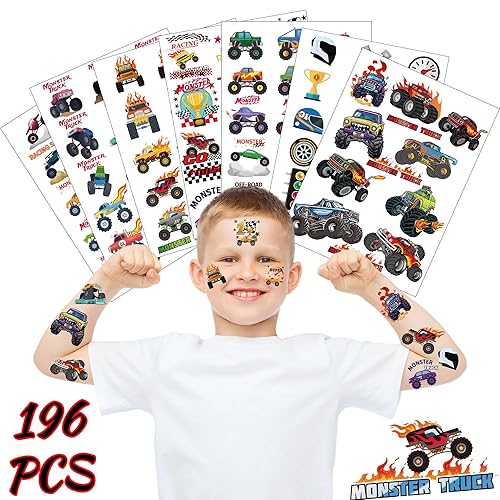Miniatura 7 de Tatuajes temporales de camión monstruo para niños, paquete de 196 calcomanías para regalos de fiesta de camión monstruo, maquillaje de camión