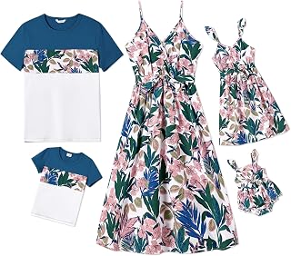 Family Matching Outfits Floral Stripe Printed Belted Slip Bowknot Cami Dresses and Short-Sleeve T-Shirts with Pocket