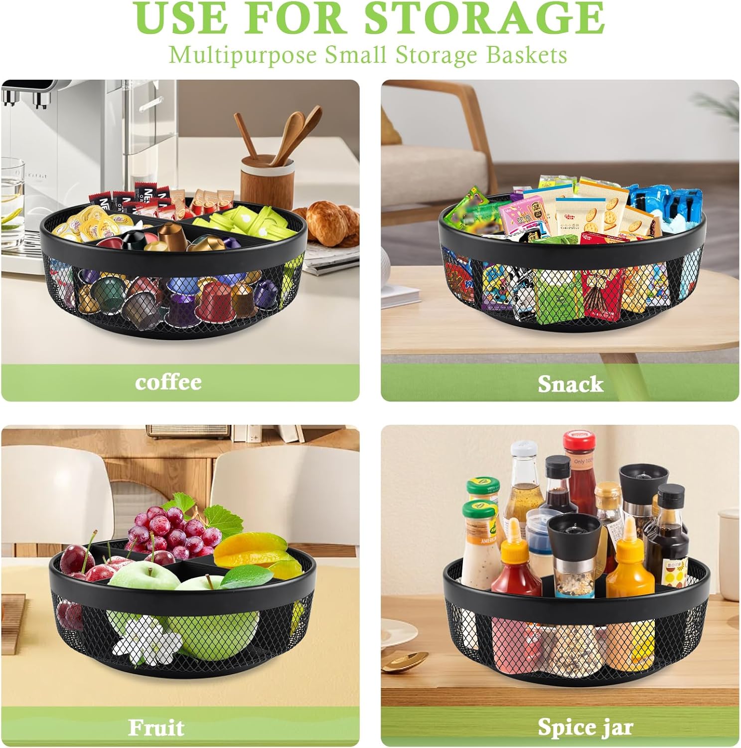 Snack Organizer for Countertop, Metal Turntable Organizer with Divider, 4 Compartment Snack Storage Spinning Snack Tray, Lazy Susan Snack Spinner for Snack Bar Organizer Pantry Storage-Black - Image 6