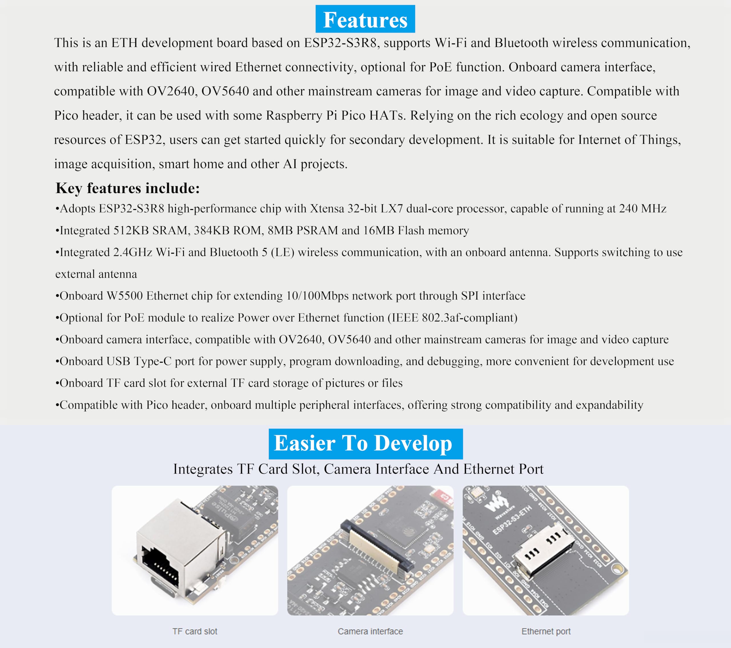 Placa de desarrollo Ethernet ESP32-S3, puerto Ethernet RJ45 de 10/100 Mbps, procesador de doble núcleo de 240 MHz, puerto tipo C integrado y ranura para tarjeta TF, compatible con comunicación