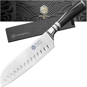 KESSAKU 7-Inch Santoku Knife - Ronin Series - Granton Edge - Forged High Carbon 7Cr17MoV Stainless Steel - Pakkawood Handle with Blade Guard