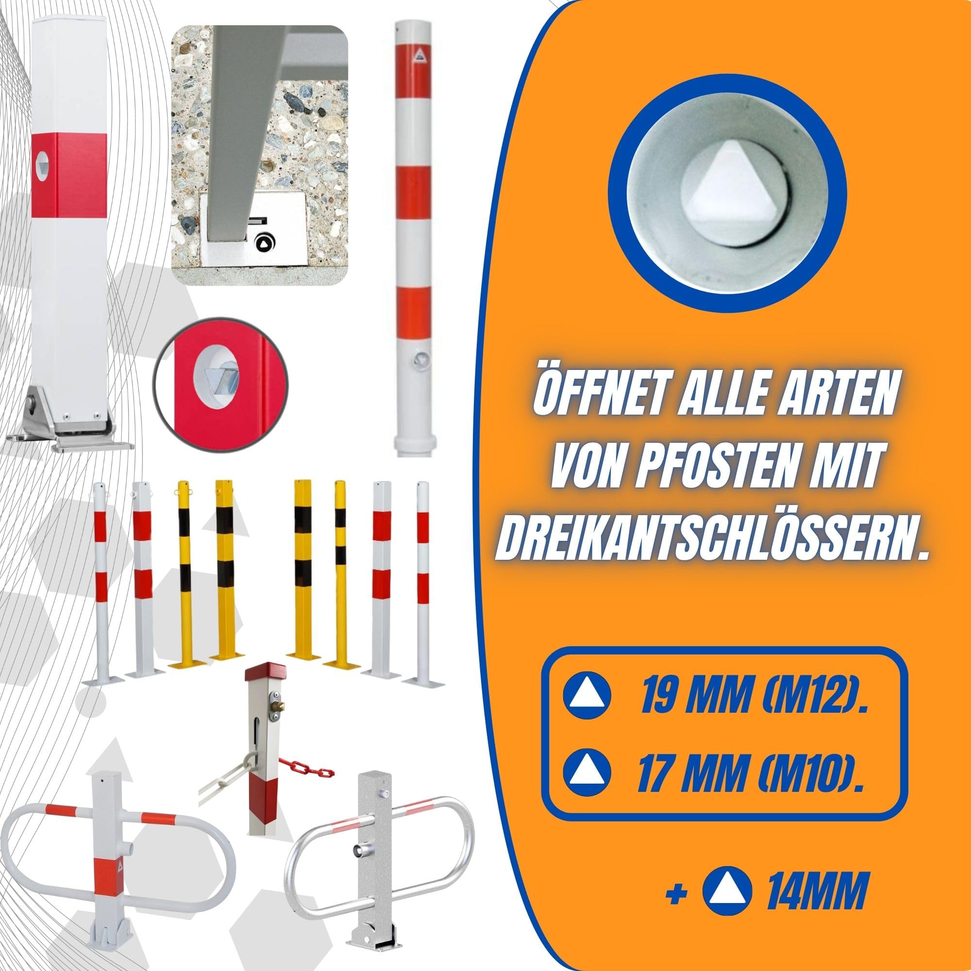 3-in-1-Dreikantschlüssel : 17mm (M10), 19mm (M12), 14mm | Universal pollerschlüssel dreikant für absperrpfosten | Pfostenschlüssel, Feuerwehrschlüssel | 3 kant schlüssel | Parkpfosten Schlüssel