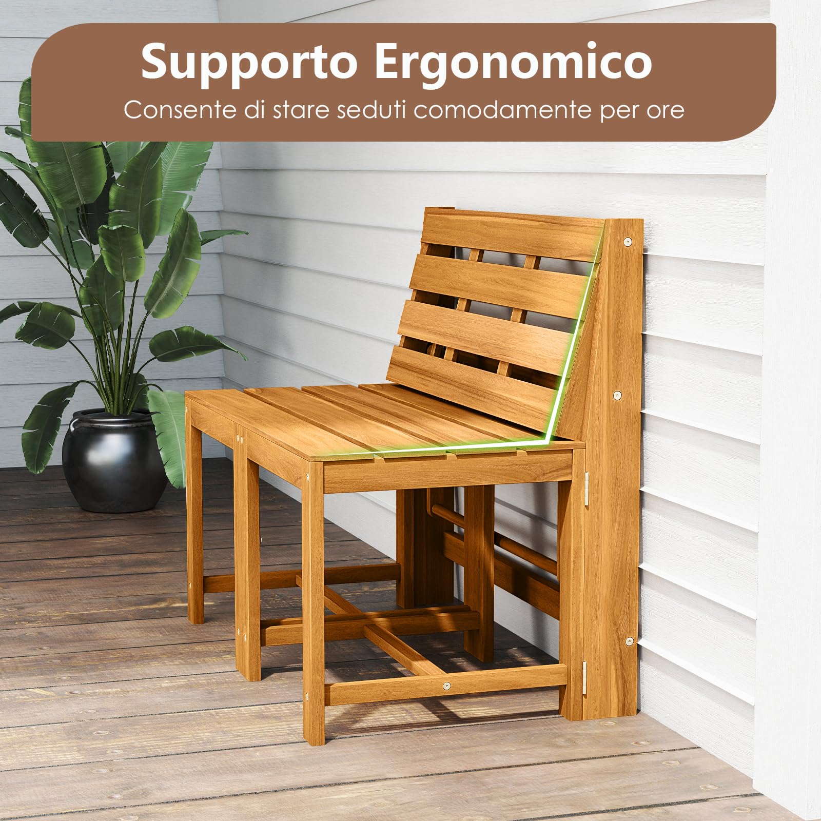 COSTWAY Panca Esterno Trasformabile 3 in 1, Panchina Giardino in Legno di Acacia con Schienale, Set Mobile Esterno con Tavolino e 2 Sedie, Supporto Piante per Terrazzo, Patio e Balcone