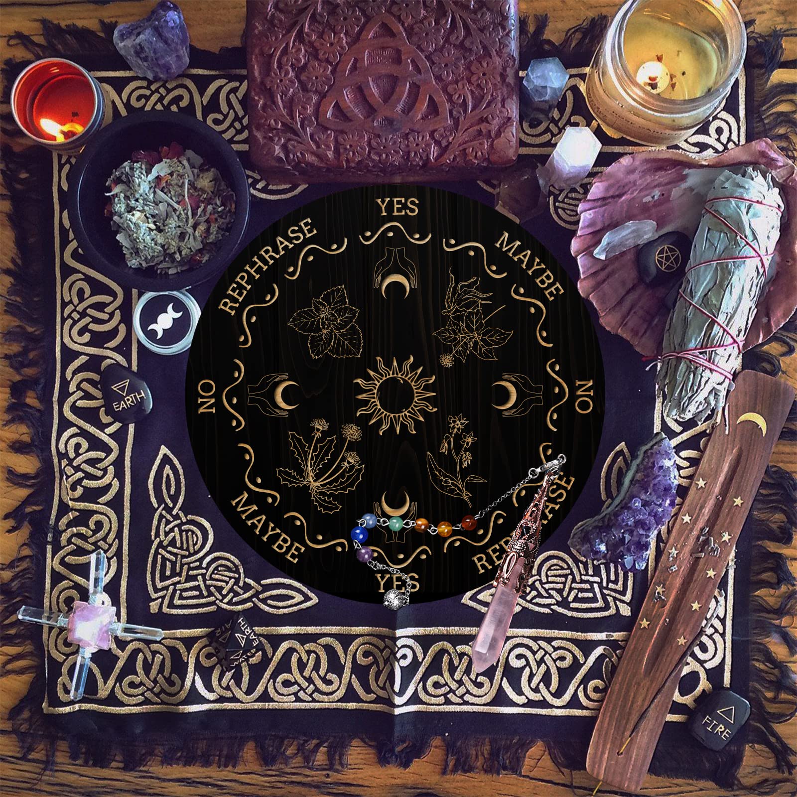 ANAHDMAKER 7.8" Tavola Del Pendolo Della Strega, Planchette per Rabdomanzia In Legno con Pendoli Rabdomanzia In Cristallo di Quarzo Rosa Strumenti di Divinazione - Piante A Mano Sole Luna