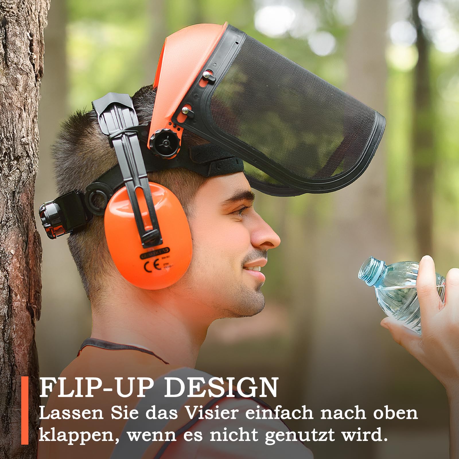 Kettensäge Visier Gesichtsschutz, Gesichtsschutzschild und Ohrenschützer 2 in 1 Kopfbedeckung Kombination, Flip Up Schutzschild Kommt mit 2 gesichtsschutzschild (Mesh& Clear)