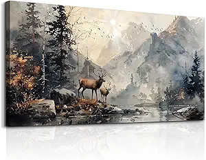 FUHAIHUA Canvas Wall Art For Living Room Large Wall Decor For Office Bedroom Wall Pictures Mountain Forest Landscape Ink Paintings Modern Poster Prints Artwork Room Home Decor Deer Mural 24x48 In