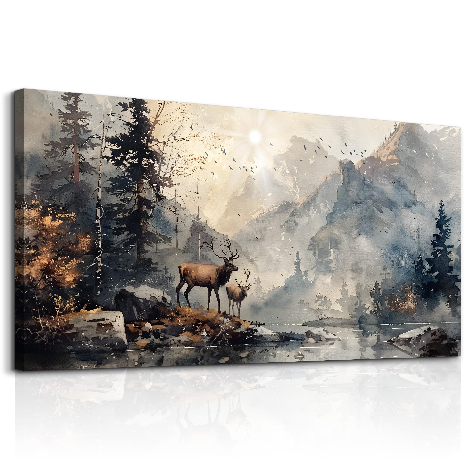 fuhaihua canvas wall art for living room framed wall decor for bedroom office wall decoration mountain forest landscape ink paintings deer wall pictures artwork modern aesthetic home decor 20x40 in