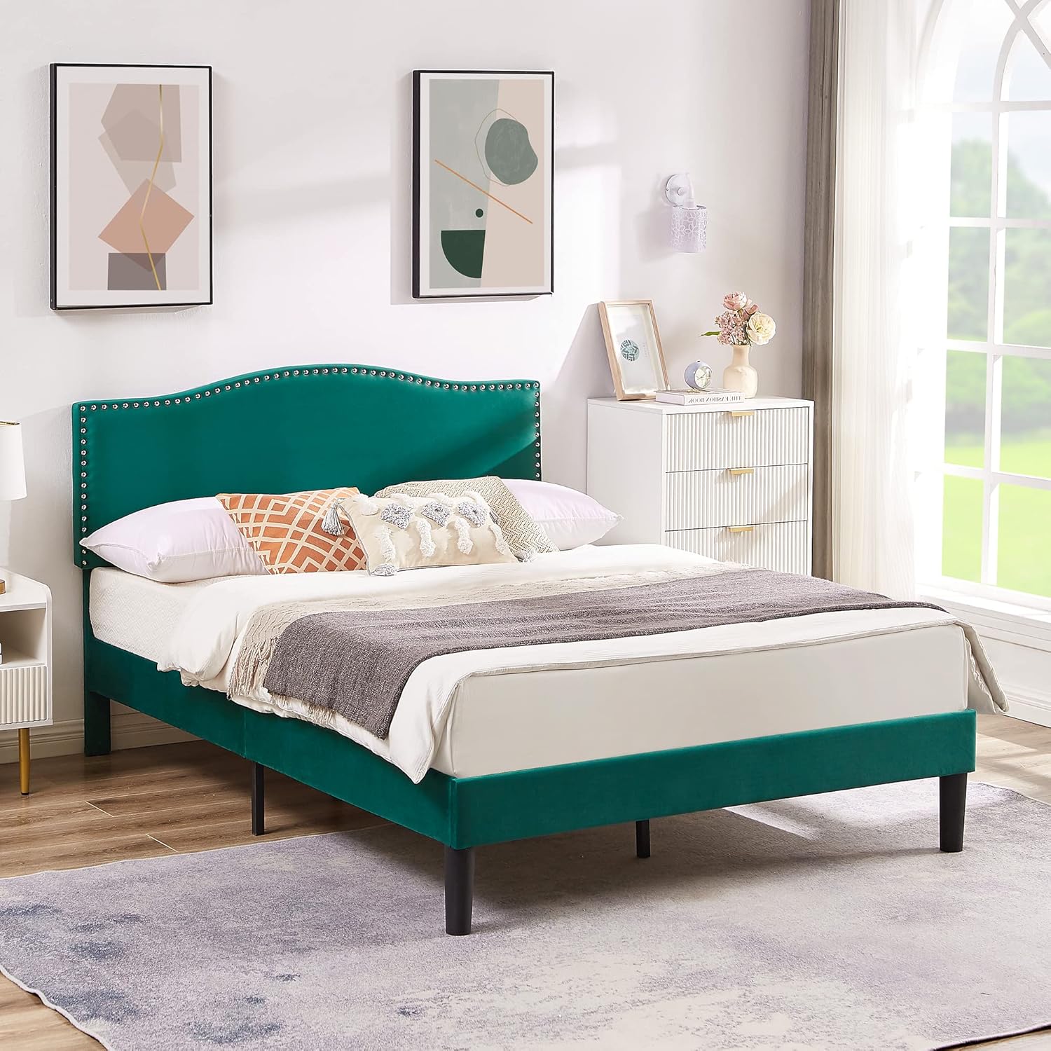 VECELO Queen Bed Frame, Platform Bed Frame with Adjustable Height Upholstered Headboard, Heavy-Duty Frame and Strong Wooden Slats Support, Non-Slip and Noise-Free, Easy Assembly, Dark Green - Image 3