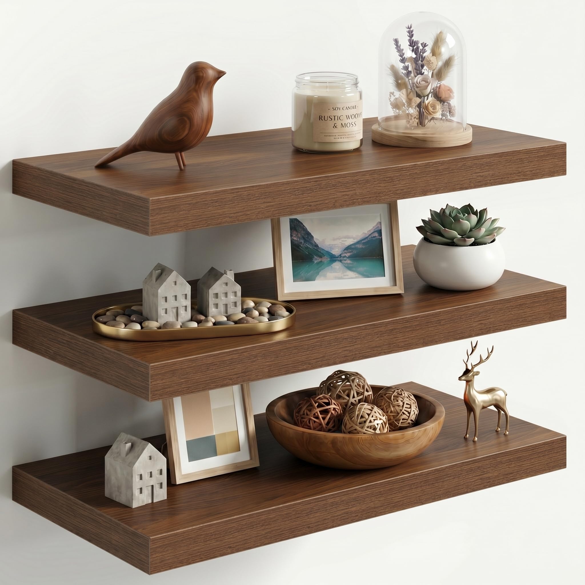 Fun Memories 24 Inch Floating Shelves for Wall, 12" Deep Extra Thick Wood Shelves with Invisible Bracket, Large Wall Mounted Storage Shelf for Living Room Bedroom Kitchen, Walnut, Set of 3
