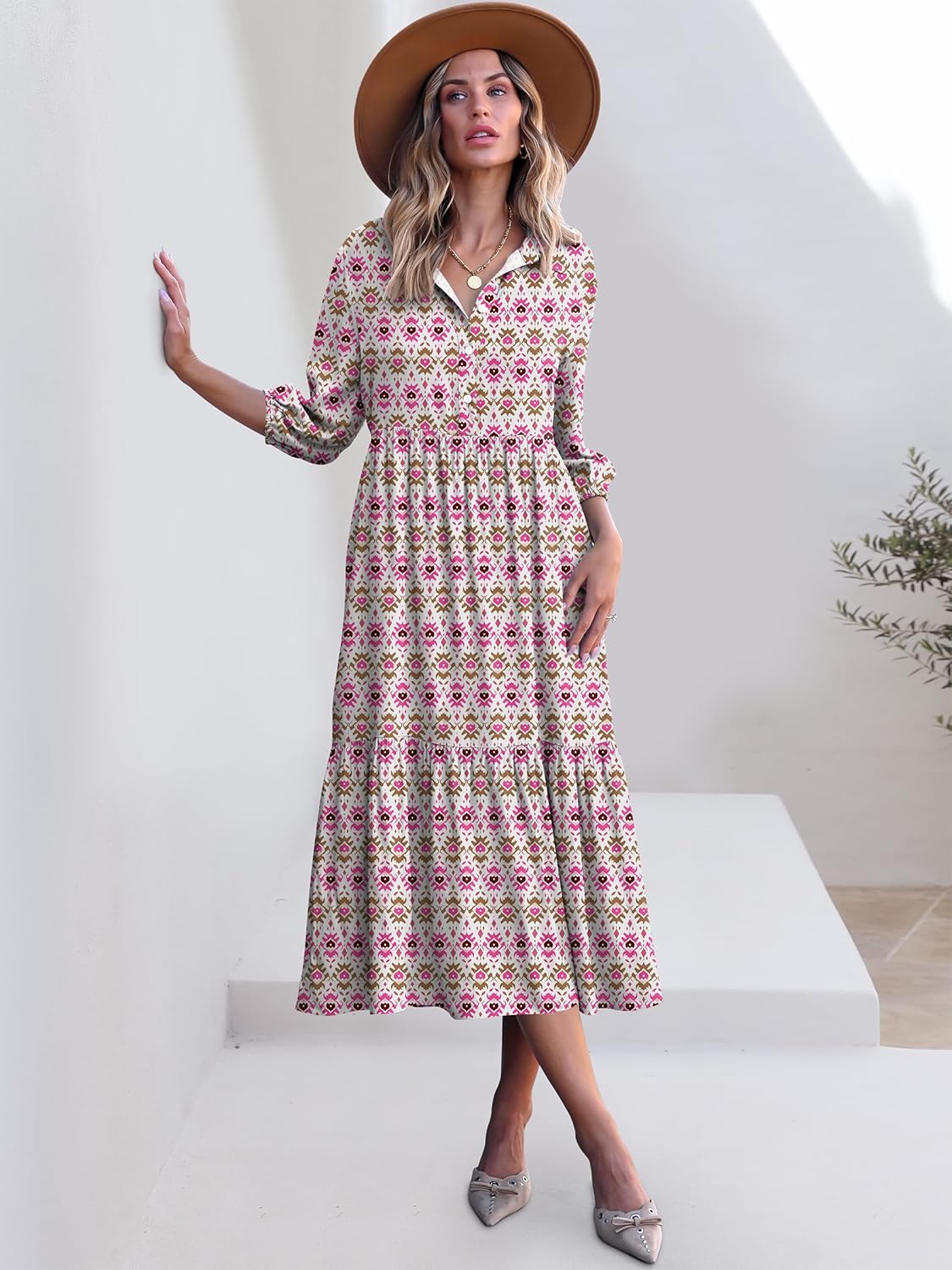 ANRABESS Women Summer Dress 2026 3/4 Puff Sleeve Polo V Neck Floral Print Casual Boho Shirt Maxi Dress Beach Vacation Clothes - Image 8