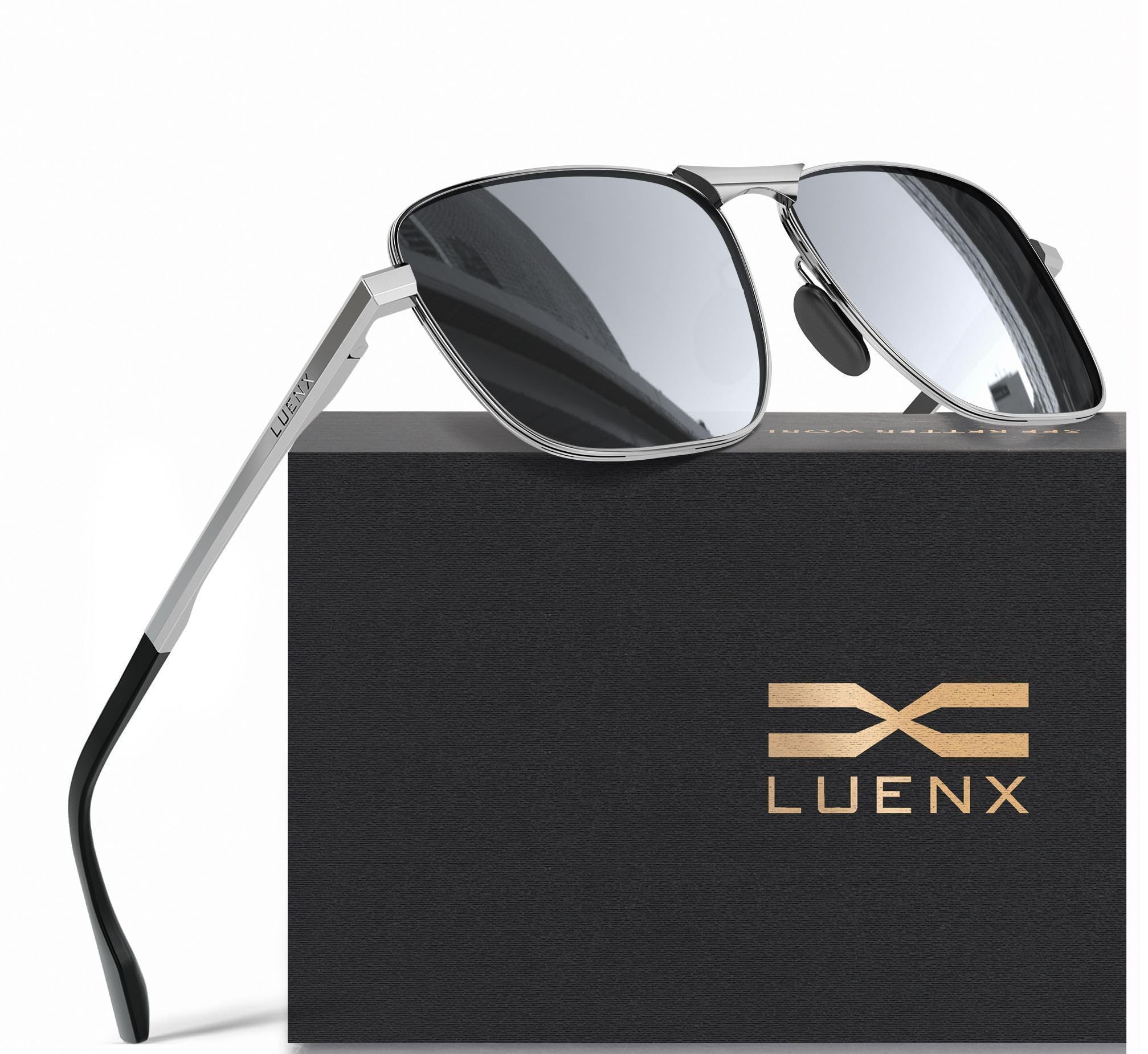LUENXRectangular Polarized Aviator Sunglasses for Men Retro Pilot Shades Driving UV400 Protection
