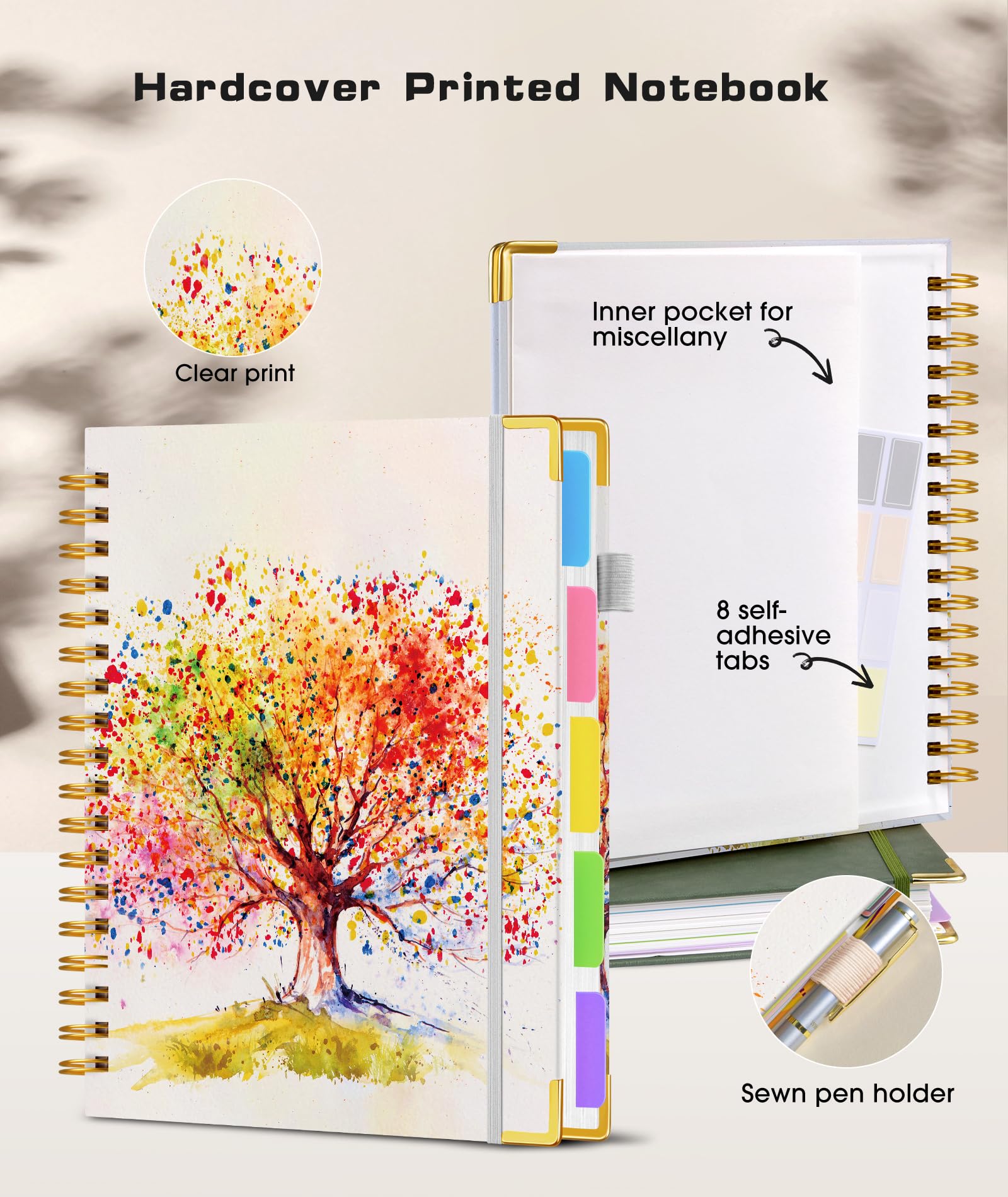 Carnet à spirale à couverture rigide avec onglets amovibles - 300 pages - 5 sujets - 100 g/m² - Pour le travail et l'école - Journal ligné pour femme - Arbre de vie coloré