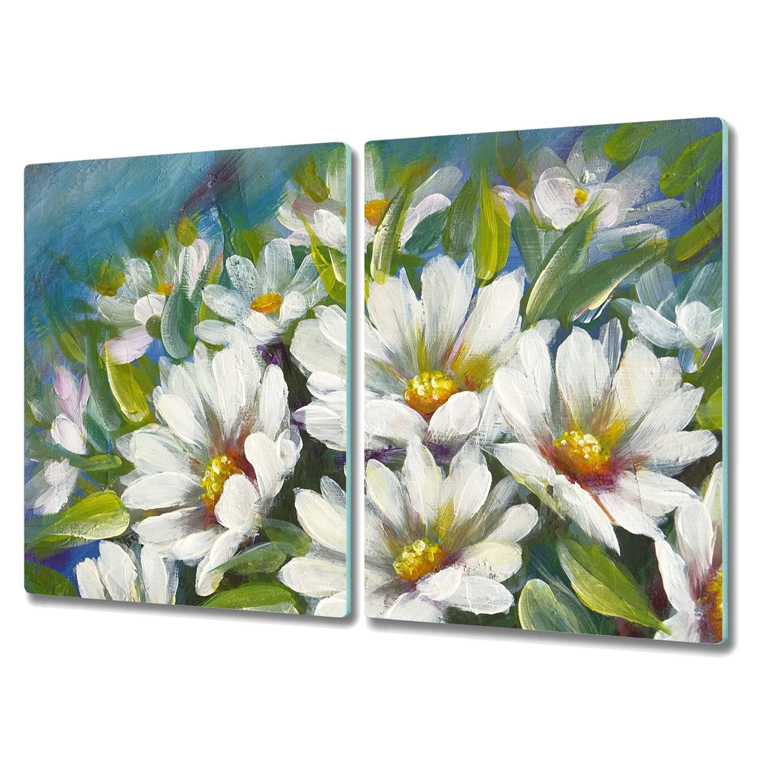 Planche à découper en verre 2x40x52 cm et protection plaque induction marguerites