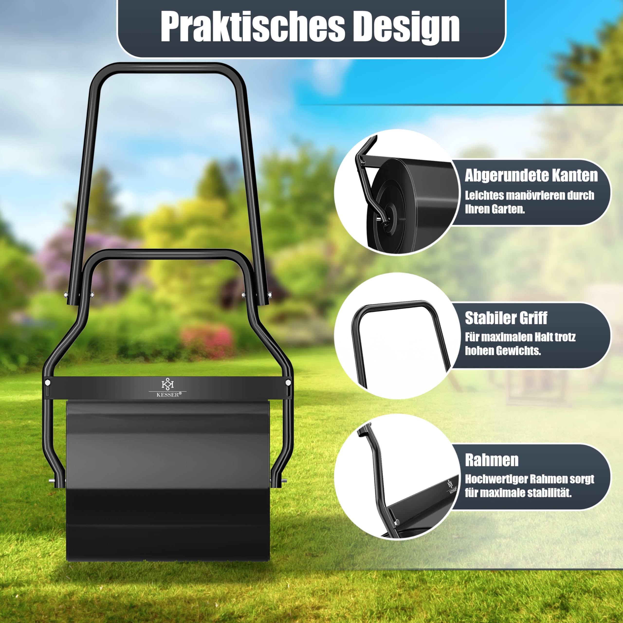 KESSER® - Graswals 60 cm 48 l vulvolume metaal met vuilafstotende handwals, gazonroller tuinwals akkerwals, vulbaar met water/zand 60 kg zwart