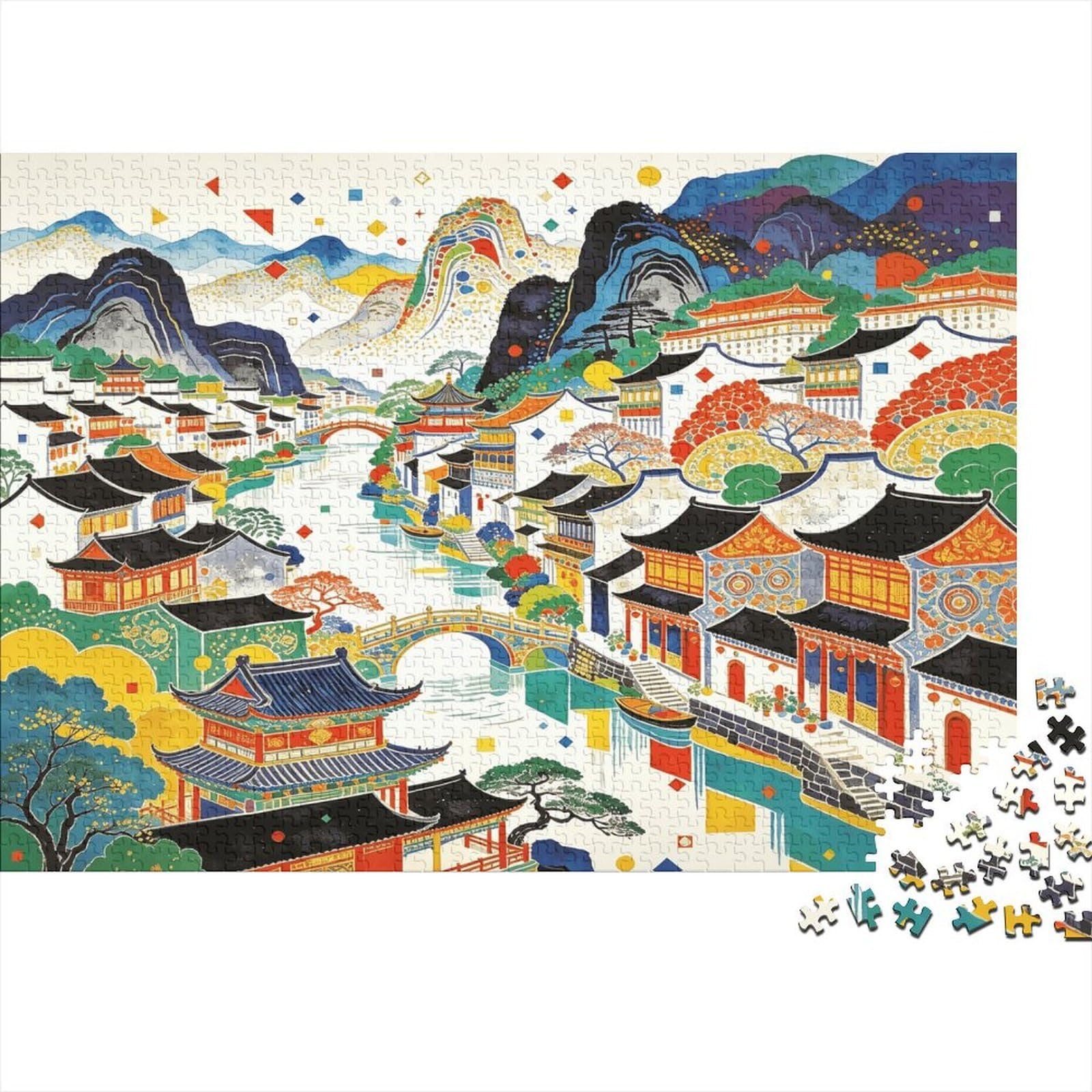 Colorful Village 1000 Piece Jigsaw Puzzle Recycled Paper Chinese Paiting Puzzles for Boy & Girl Ages 6 Years Up Family Gaming Time Props Great Gift Idea Home 52x38cm/1000pcs