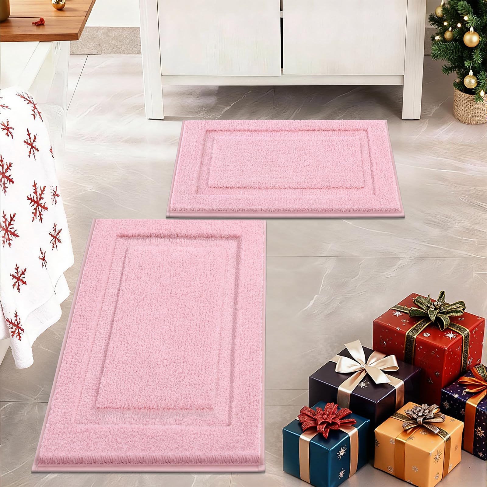 SHACOS Pink Christmas Bathroom Rugs Sets 2 Piece 20x32 + 16x24 inch, Non Slip Bath Mat Microfiber Washable Bathroom Rugs, Soft Fluffy Water Absorbent