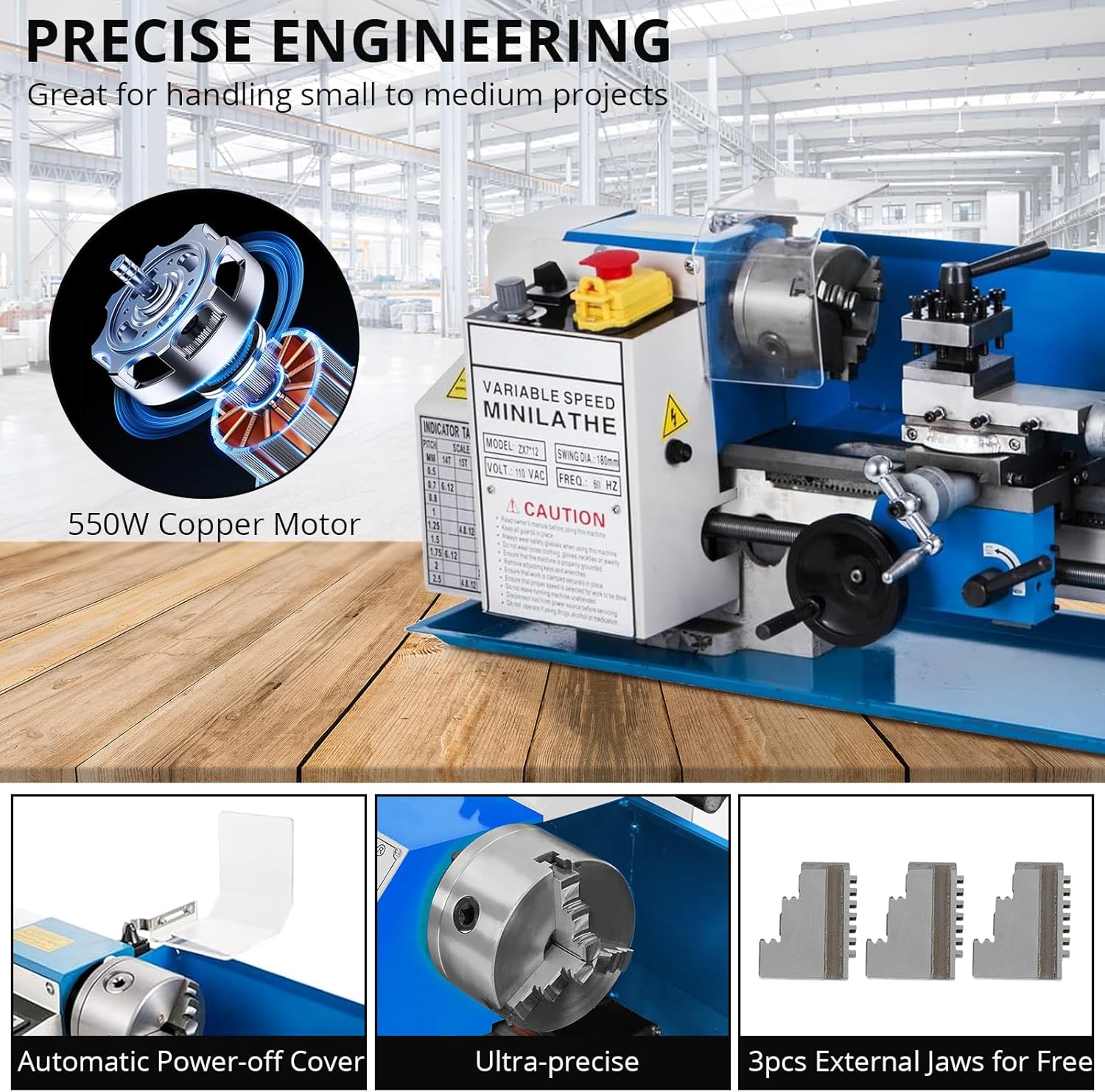 Mini Metal-Lathe Machine Benchtop 550W Variable Speed 2250RPM W/ 3-Jaw Chuck CNC - Picture 14 of 18