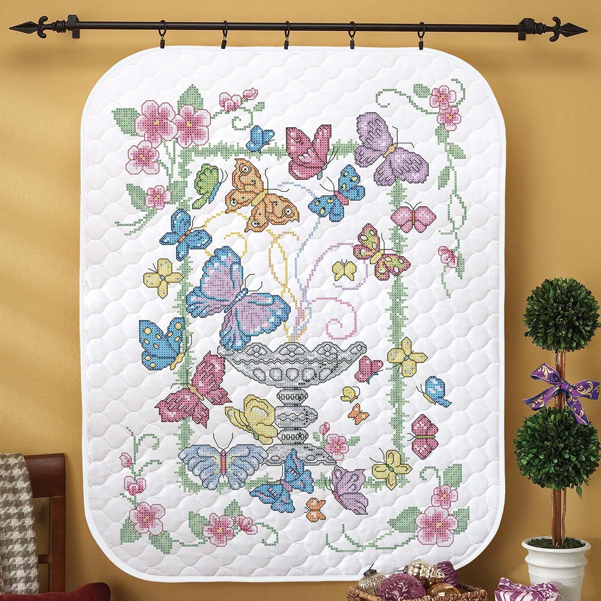 Herrschners Pre-Quilted Butterfly Lap Quilt Top Stamped Cross-Stitch