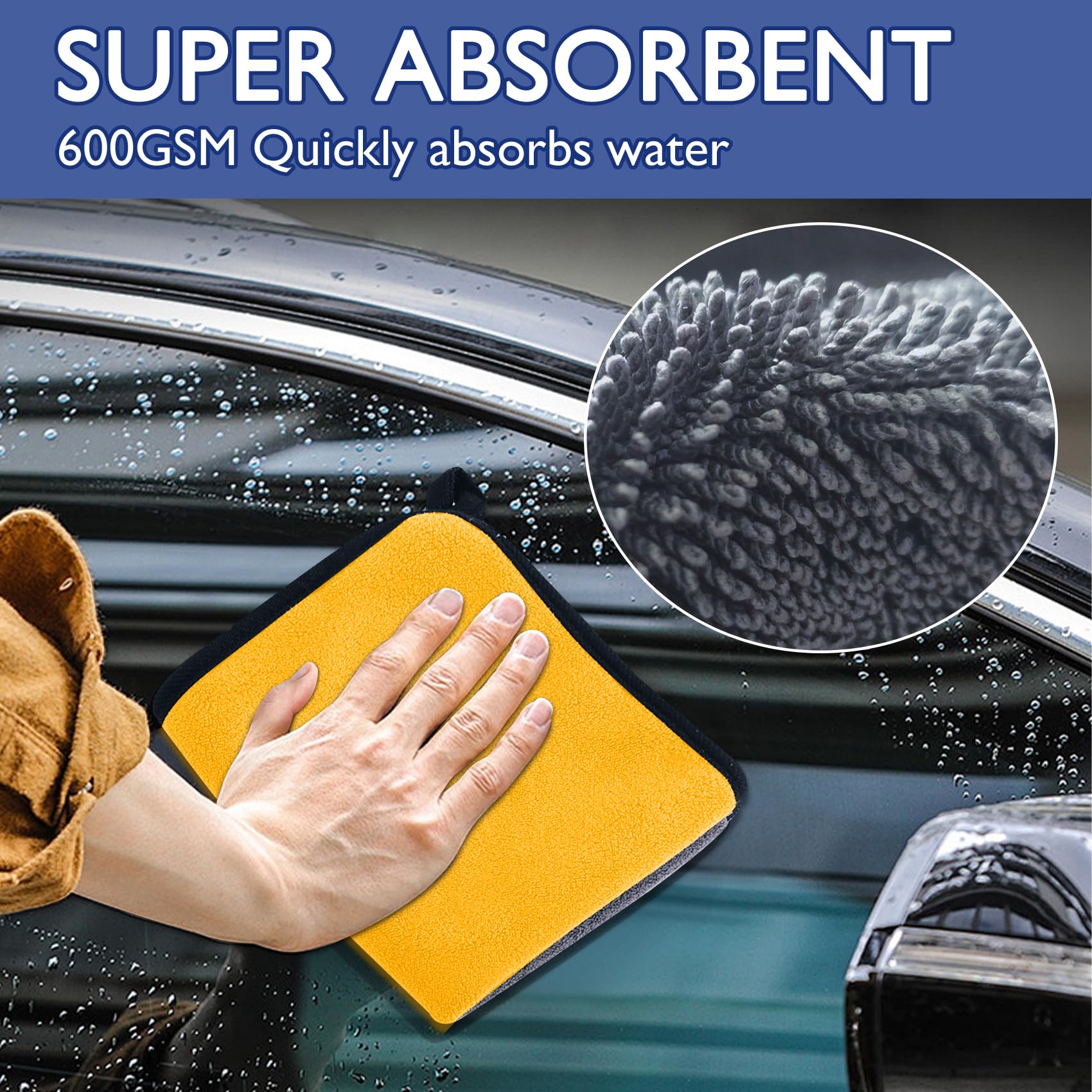 KALBIGRO Juego de 3 Piezas Bayeta Microfibra & 2 Piezas Manoplas de Secado Lavado, 600 g/m² Toalla Secado Coche para Secar Sin Arañazos y Pulir (40 x 30 cm) - 4