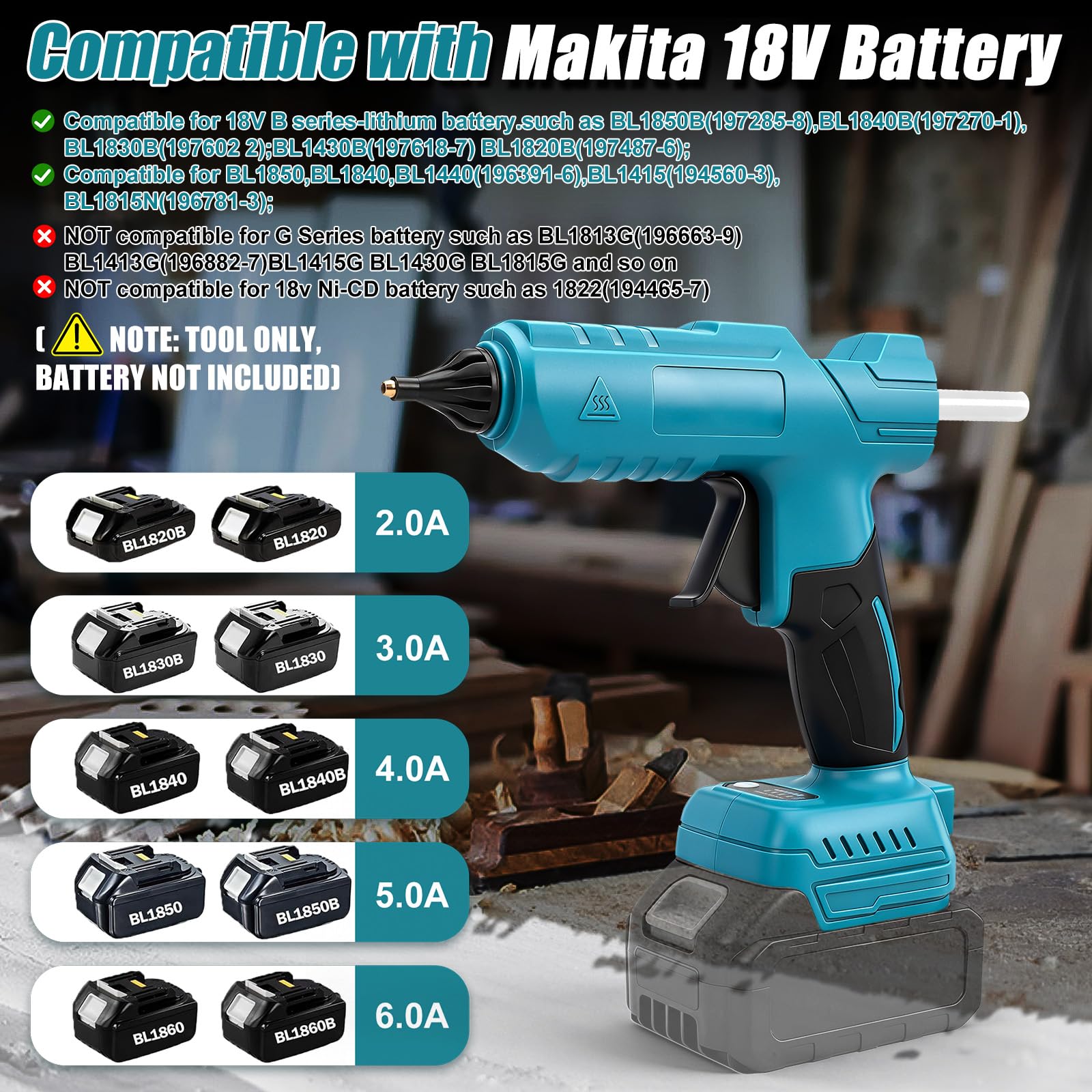 Pistolet à colle chaude compatible avec batteries Makita 18 V, pistolet à colle chaude 100 W avec 10 bâtons de colle de 11 mm, bâtonnets de colle chaude à chauffage rapide pour bricolage, bricolage