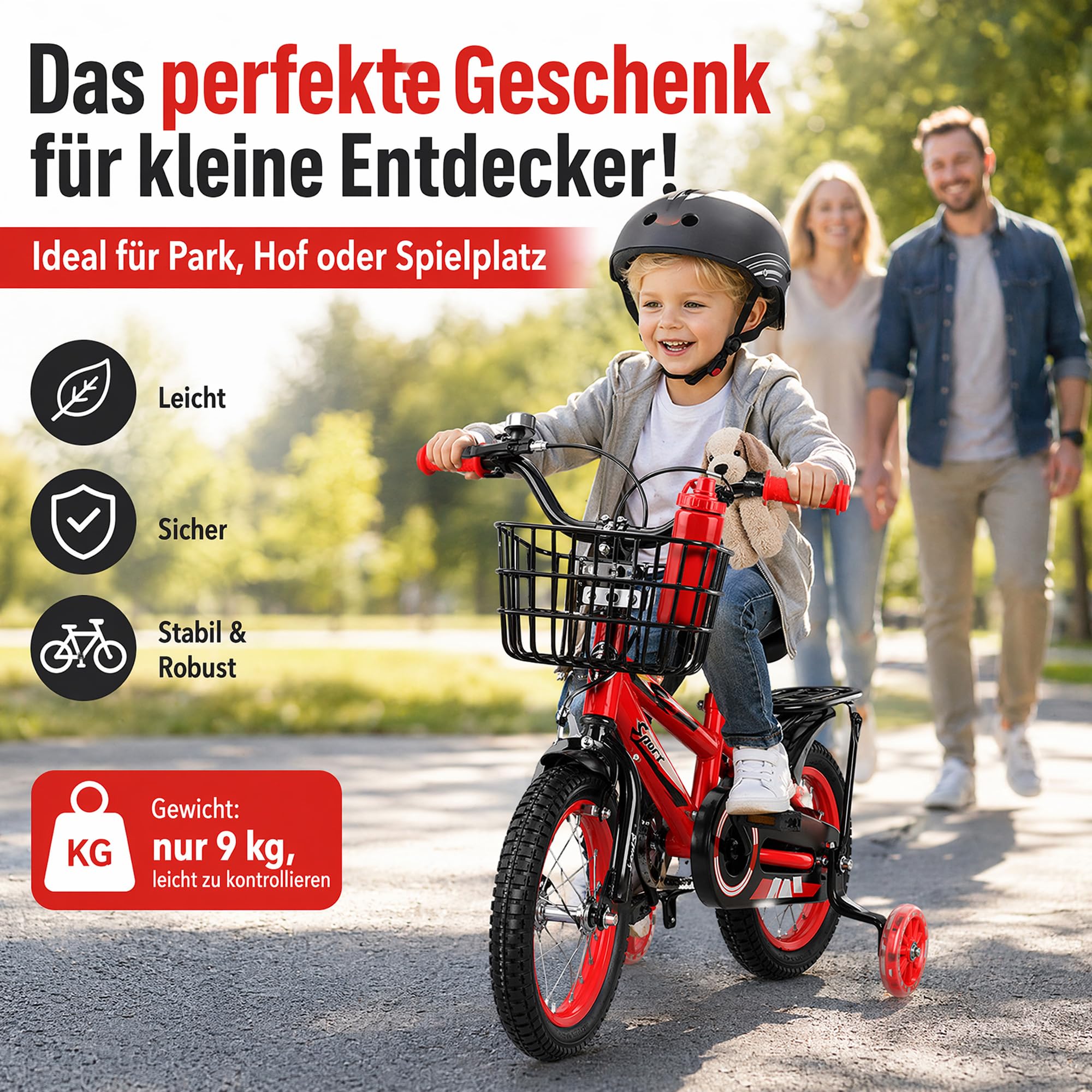 14 Zoll Kinderfahrrad ab 3 Jahre mit Stützrädern & Rücktritt | Höhenverstellbar, inkl. Korb & Kettenschutz für Mädchen und Jungen Fahrrad für Schulung Outdoor