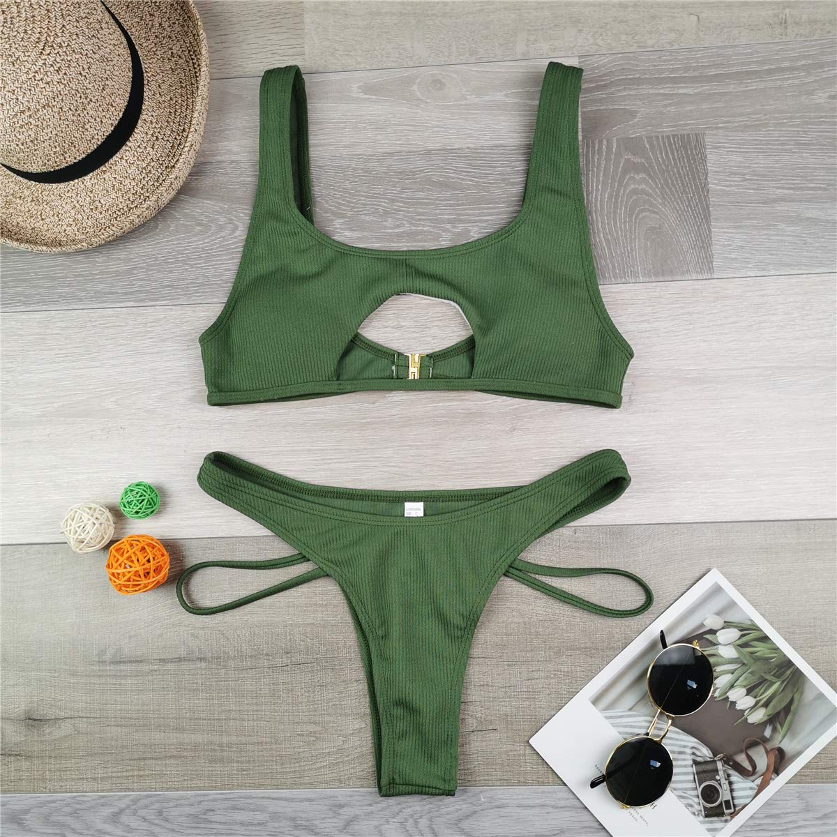 SherryDC Women's Sexy Scoop Neck Padded Cutout Strappy Thong Bikini Set Swimsuit: Army Green Medium