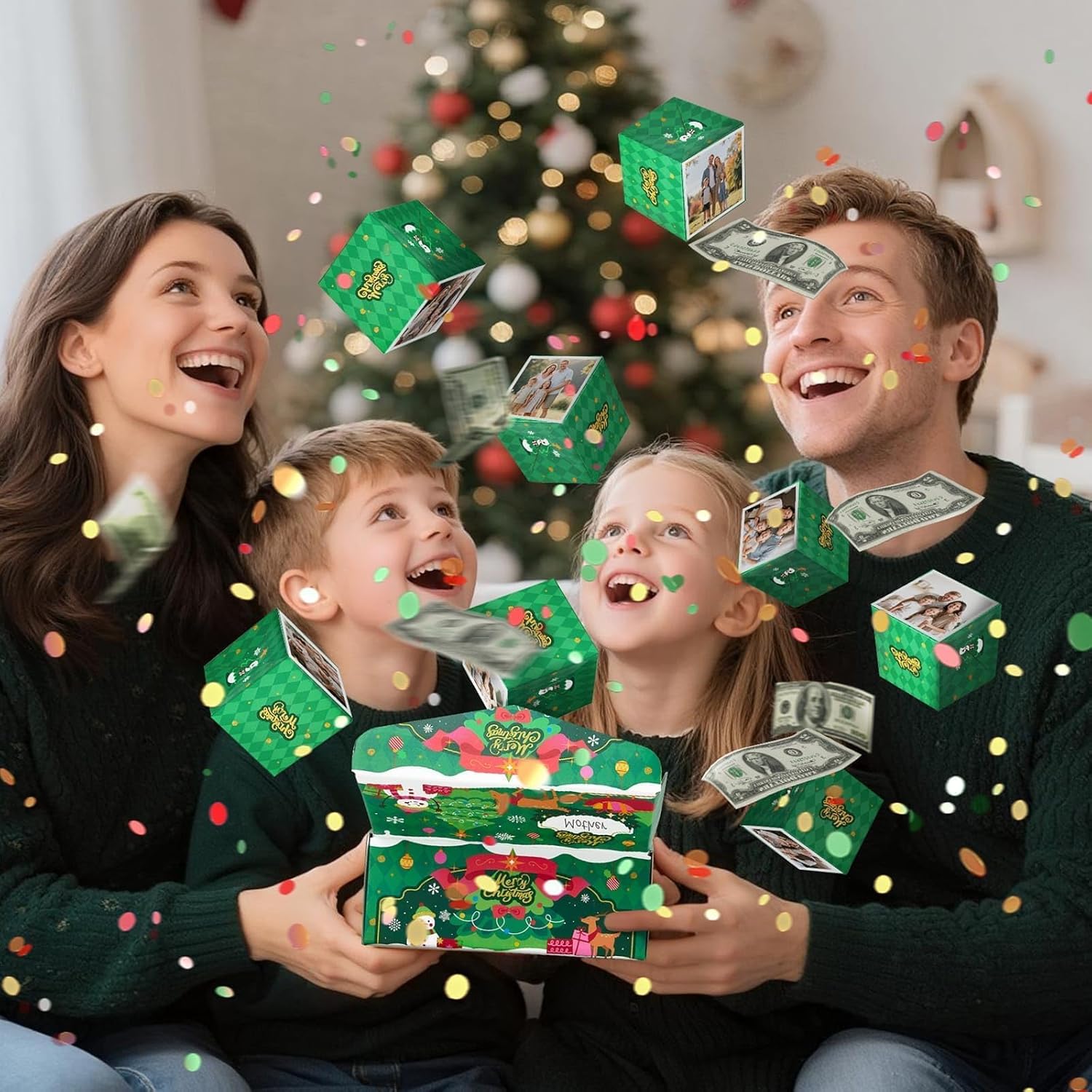 WERNNSAI Christmas Surprise Gift Box - Christmas Tree Explosion Gift Boxes with Confetti Money Folding Green Tree Pop-Up Exploding Gift Boxes for Kids Adults Birthday Party Supplies 8 Bounces