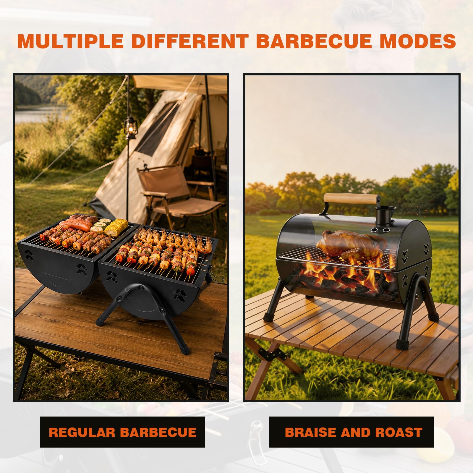 Barbecue a carbonella portatile, affumicatore doppio lato con camino, braciere esterno con manico in legno, 2 griglie e 2 vasche per carbone, per 4-6 persone, giardino e feste