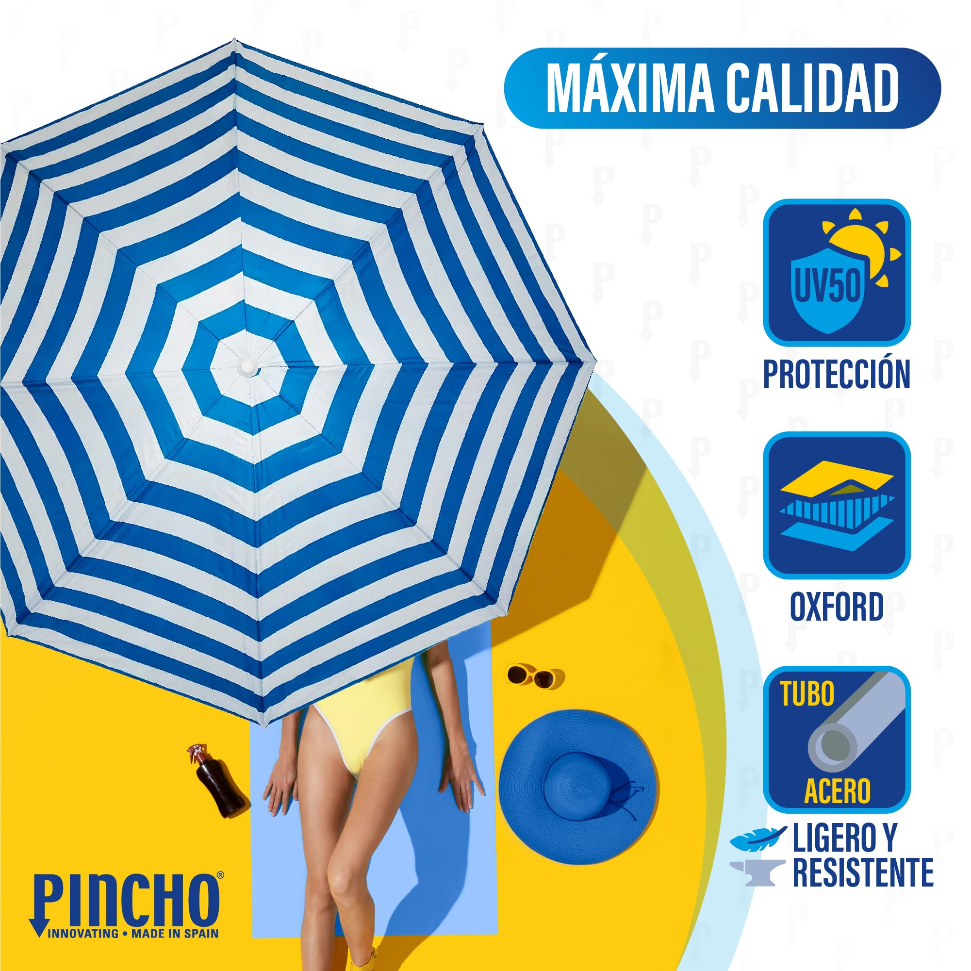 Pincho Ombrellone da spiaggia in acciaio con rivestimento antiruggine, diametro 180 cm. 8 aste in acciaio. Fattore di protezione solare UPF 50+, Marinara
