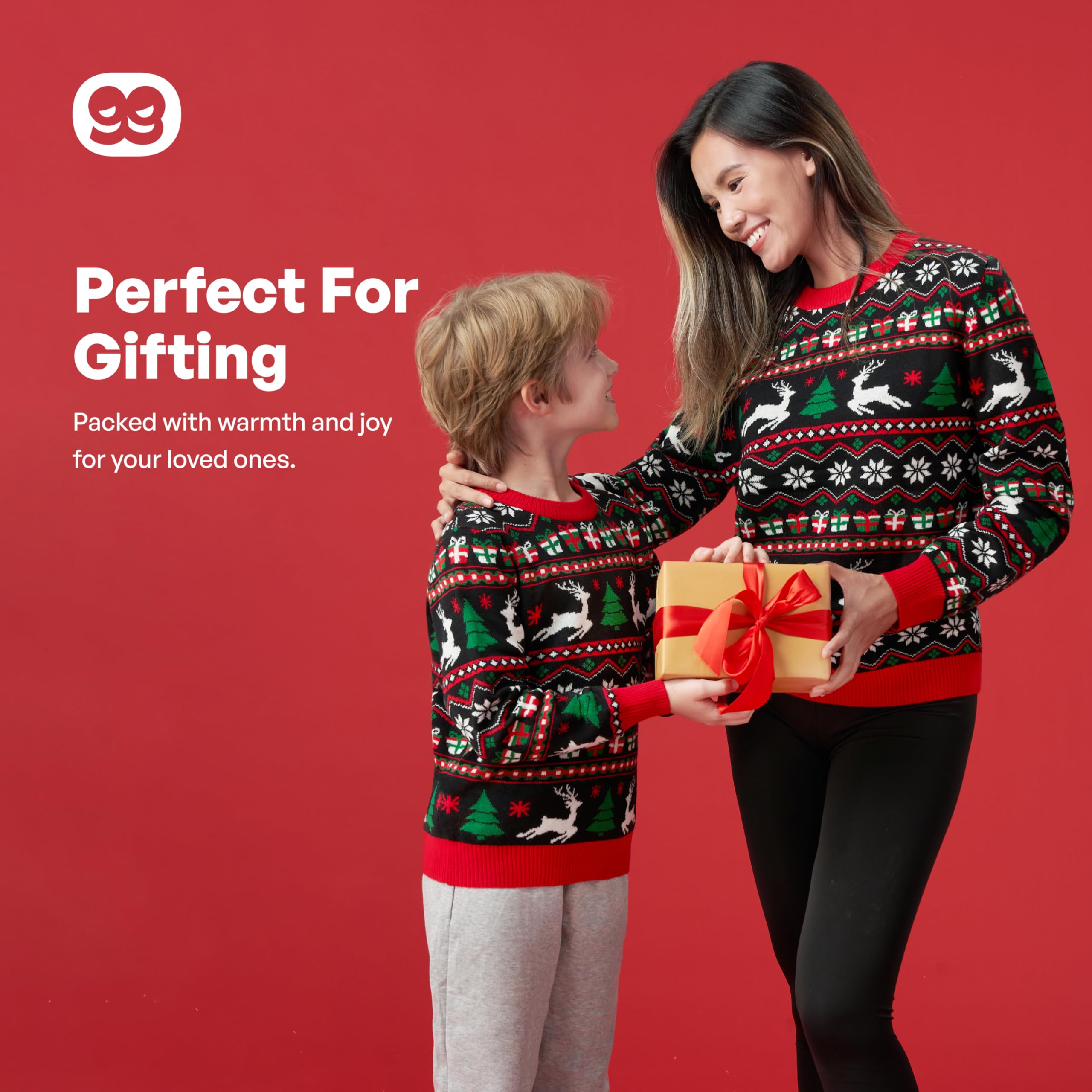 Giggling Getup Dopasowany rodzinny sweter bożonarodzeniowy, słodki świąteczny sweter z długim rękawem, czarny brzydki sweter bożonarodzeniowy