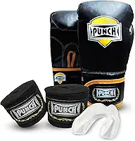 PUNCH Kit Luva Boxe, Muay Thai 12 oz + Bandagem Elástica Preta de 2,5 mts + Protetor Bucal Simples Transparente