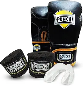 PUNCH Kit Luva Boxe, Muay Thai 12 oz + Bandagem Elástica Preta de 2,5 mts + Protetor Bucal Simples Transparente
