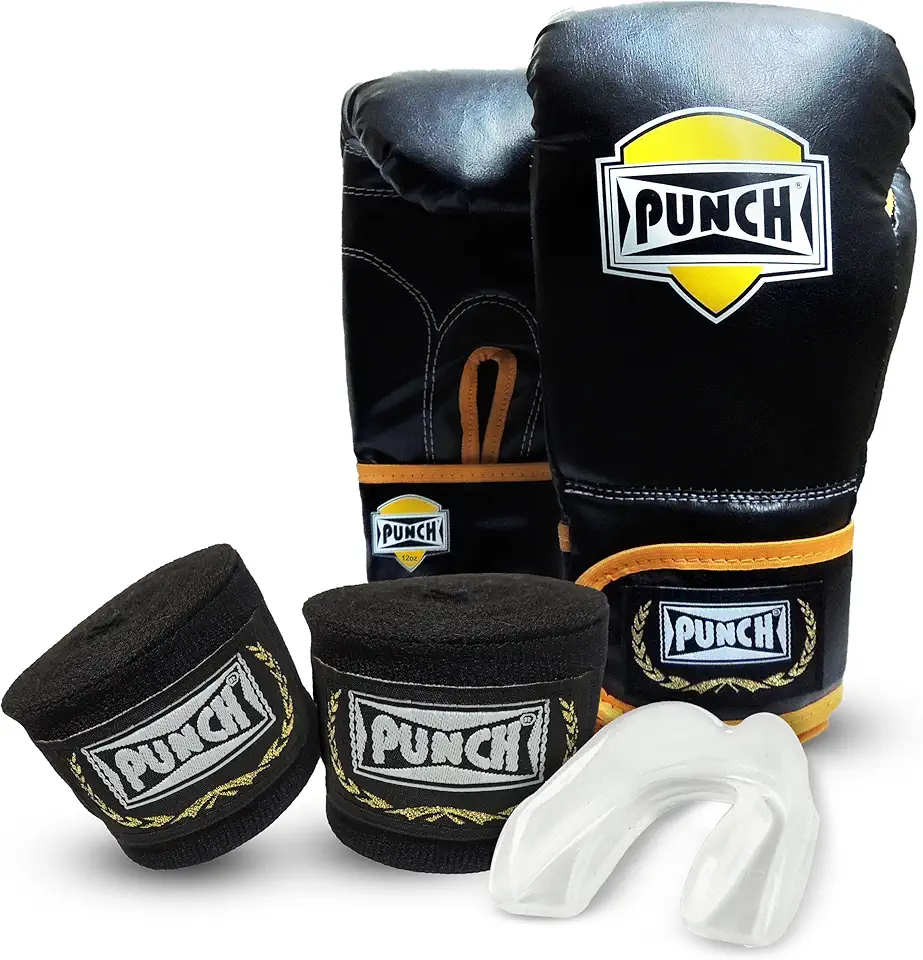 PUNCH Kit Luva Boxe, Muay Thai 12 oz + Bandagem Elástica Preta de 2,5 mts + Protetor Bucal Simples Transparente