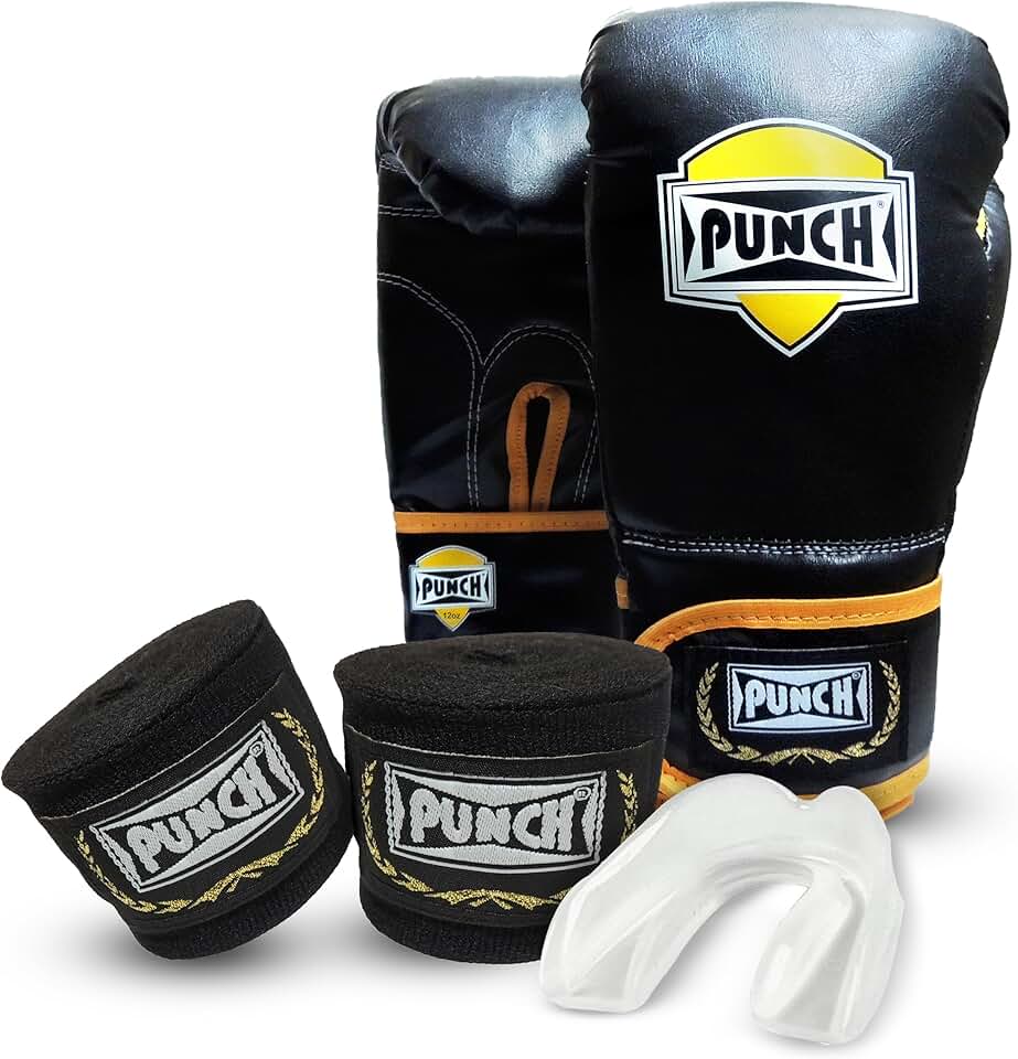 PUNCH Kit Luva Boxe, Muay Thai 12 oz + Bandagem Elástica Preta de 2,5 mts + Protetor Bucal Simples Transparente