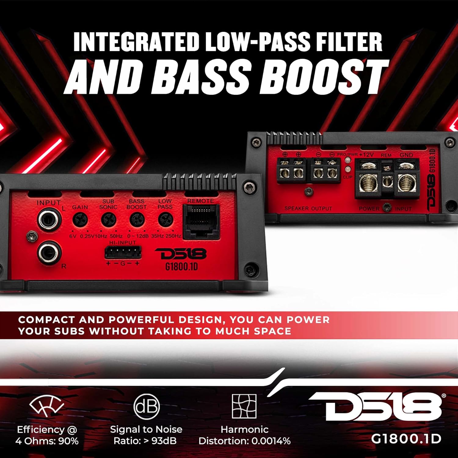 DS18 G1800.1D Car Audio Amplifier 1-Channel Class D Monoblock 1800 Watts - Remote BASS Knob Included - Easy Installation - Compact and Powerful Design (Renewed)