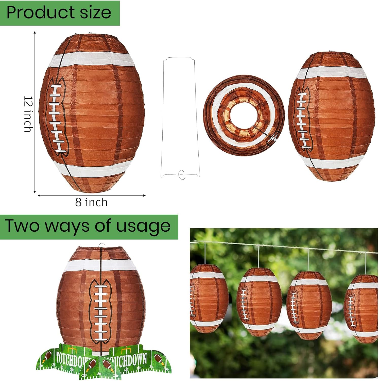 Mudder 4 Pcs Football Paper Lantern Sports Fan Party Decor Table Centerpiece Decoration Set Soccerball Game Lantern with Stand Pieces for Game Day Tailgates Stadium Party Supply,12 Inches (Brown) 4 Brown