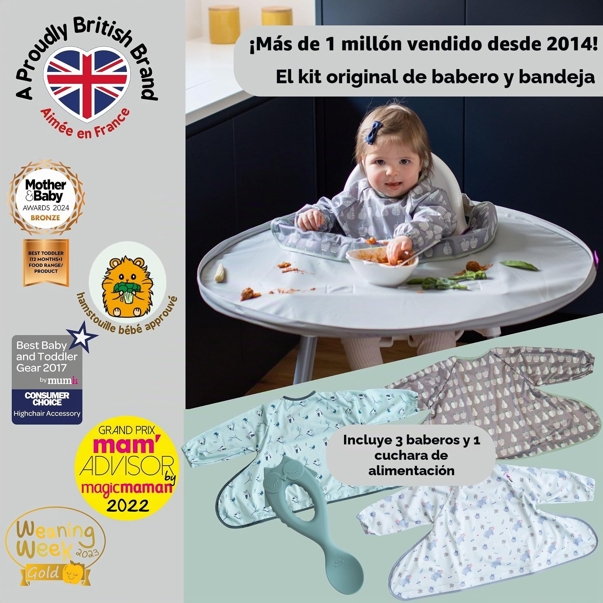 Tidy Tot Combo Babero Destete y Kit de Bandeja- Bandeja 3 baberos/capa con mangas ¡El babero de Baby Led Weaning Esencial! Perfecto para jugar sin manchas y para el destete