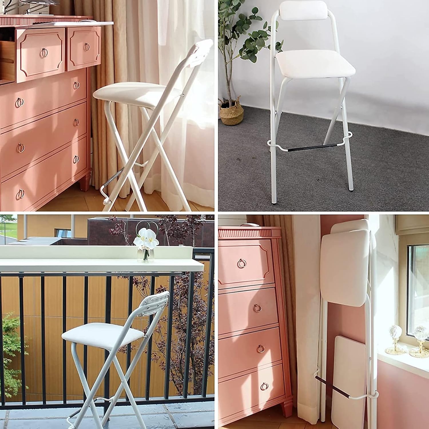 Folding Stool, 26/28/30in Portable Padded Stool with Footrest, Foldable Breakfast High Chair Backrest for Kitchen Office Party, White (Size : Seat Height 28") (One Color Seat Heig