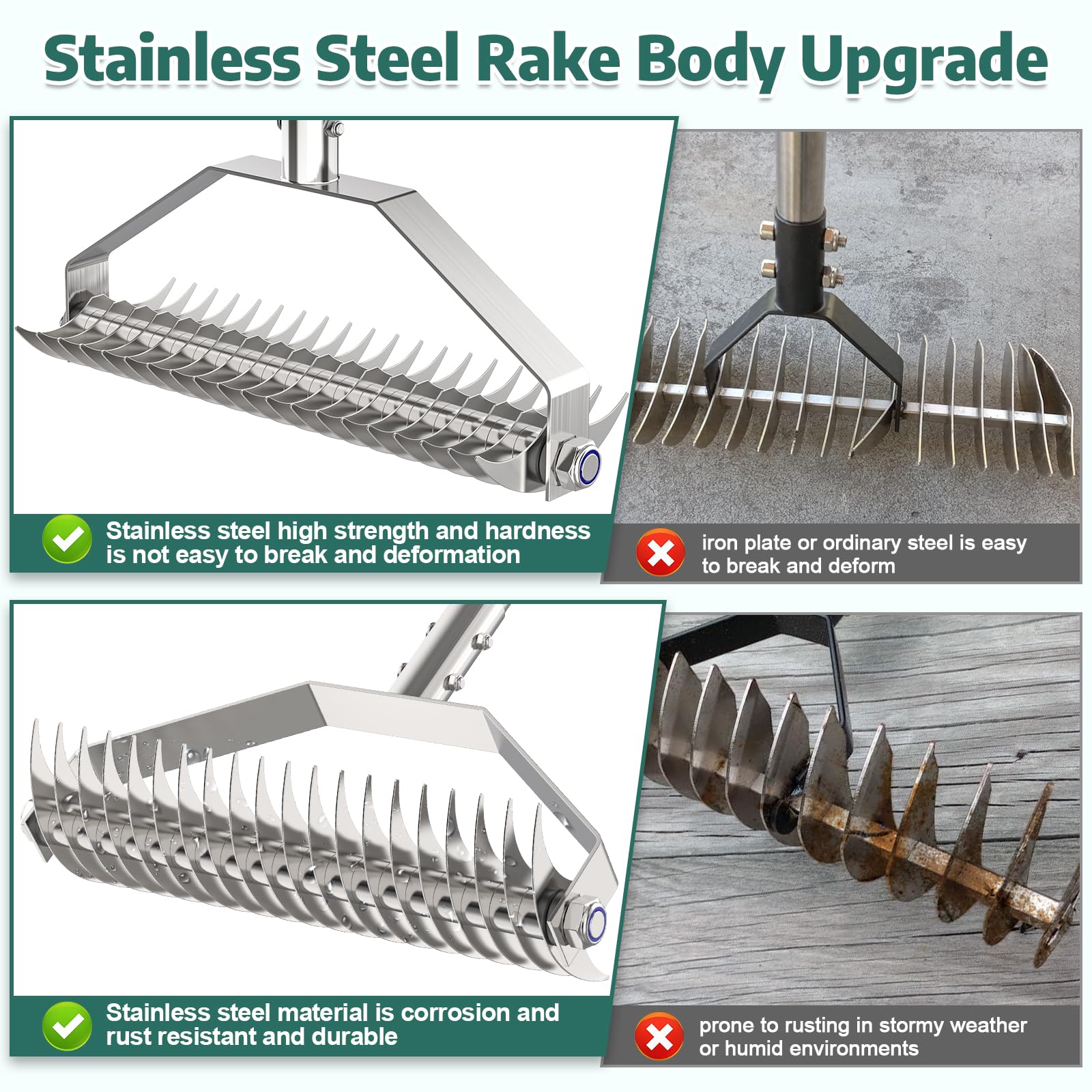 Rastrillo nivelador de césped de 36" x 10", nivelador de césped de metal resistente con mango largo ergonómico de 77", herramienta niveladora de césped, rastrillo paisajístico para jardín, patio, cé