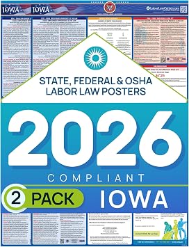 Labor Law Posters Iowa 2026, 2-Pack, State, Federal Workplace Notices | Iowa State Federal Workplace Notices With OSHA, EEOC, FMLA, Minimum Wage, HR Office, Worksite, Employee Posting Details