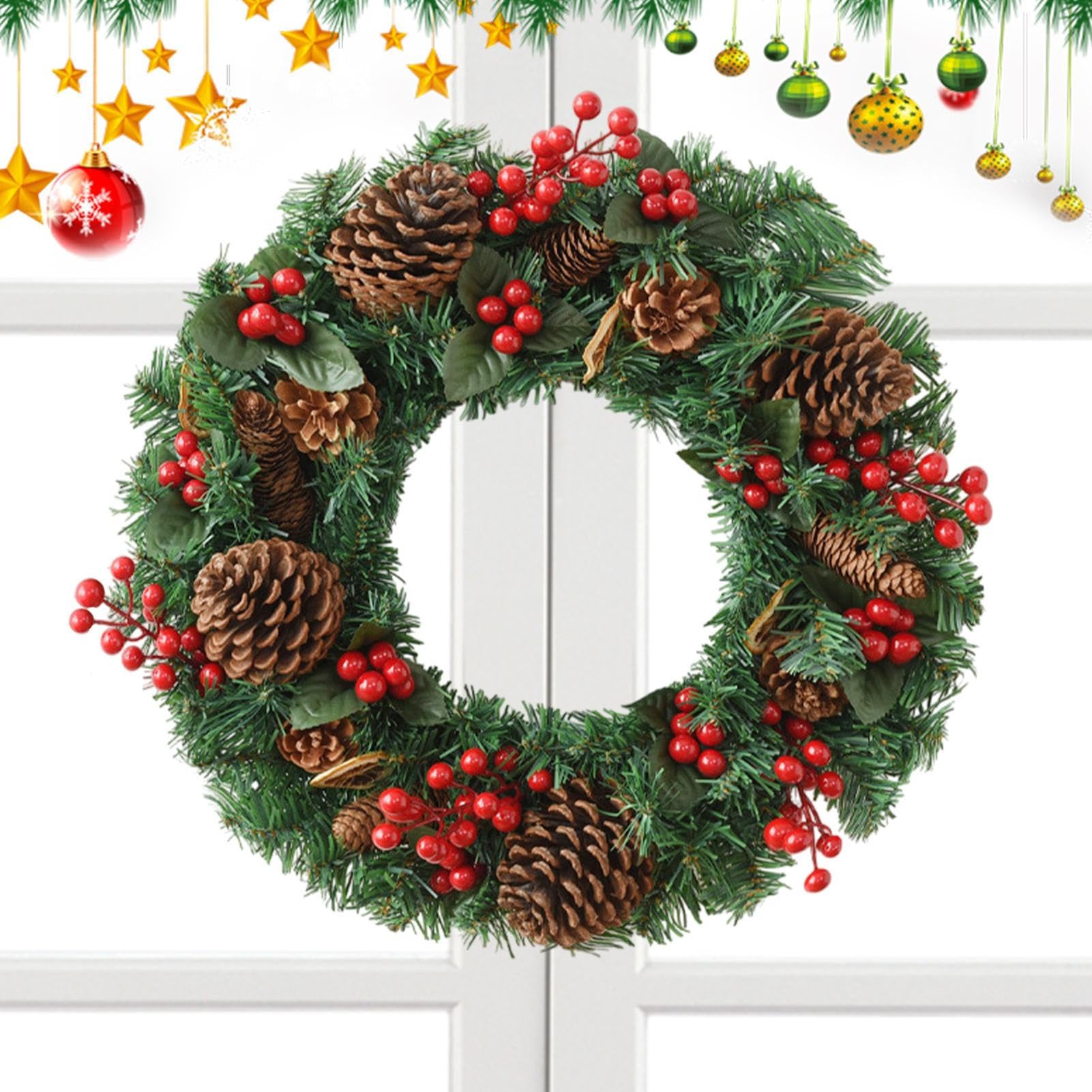 Couronne De Porte De Noël Décorations de Porche pour Les Fêtes | Couronne Réaliste Avec Pommes De Pin Et Baies Rouges Pour Porte D'Entrée Extérieur Intérieur Maison Porche Hiver Fenêtre