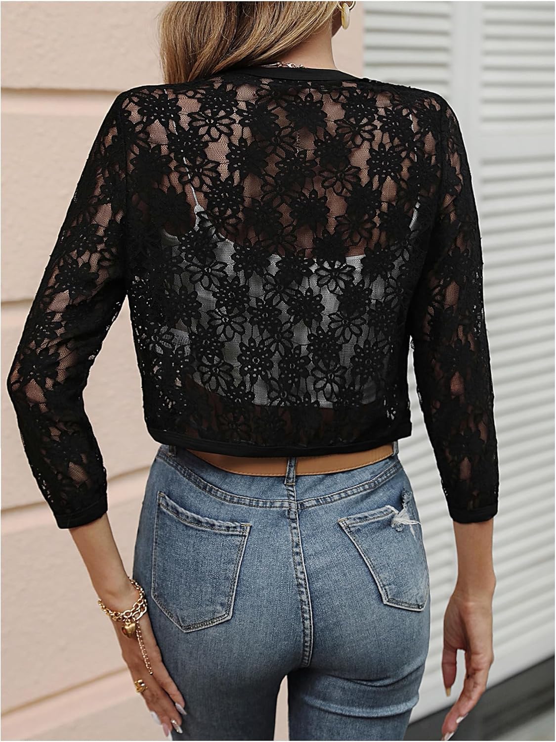 OYOANGLE Women's Lace Mesh Open Front Cropped Cardigans 3/4 Sleeve Dressy Jackets - Image 3