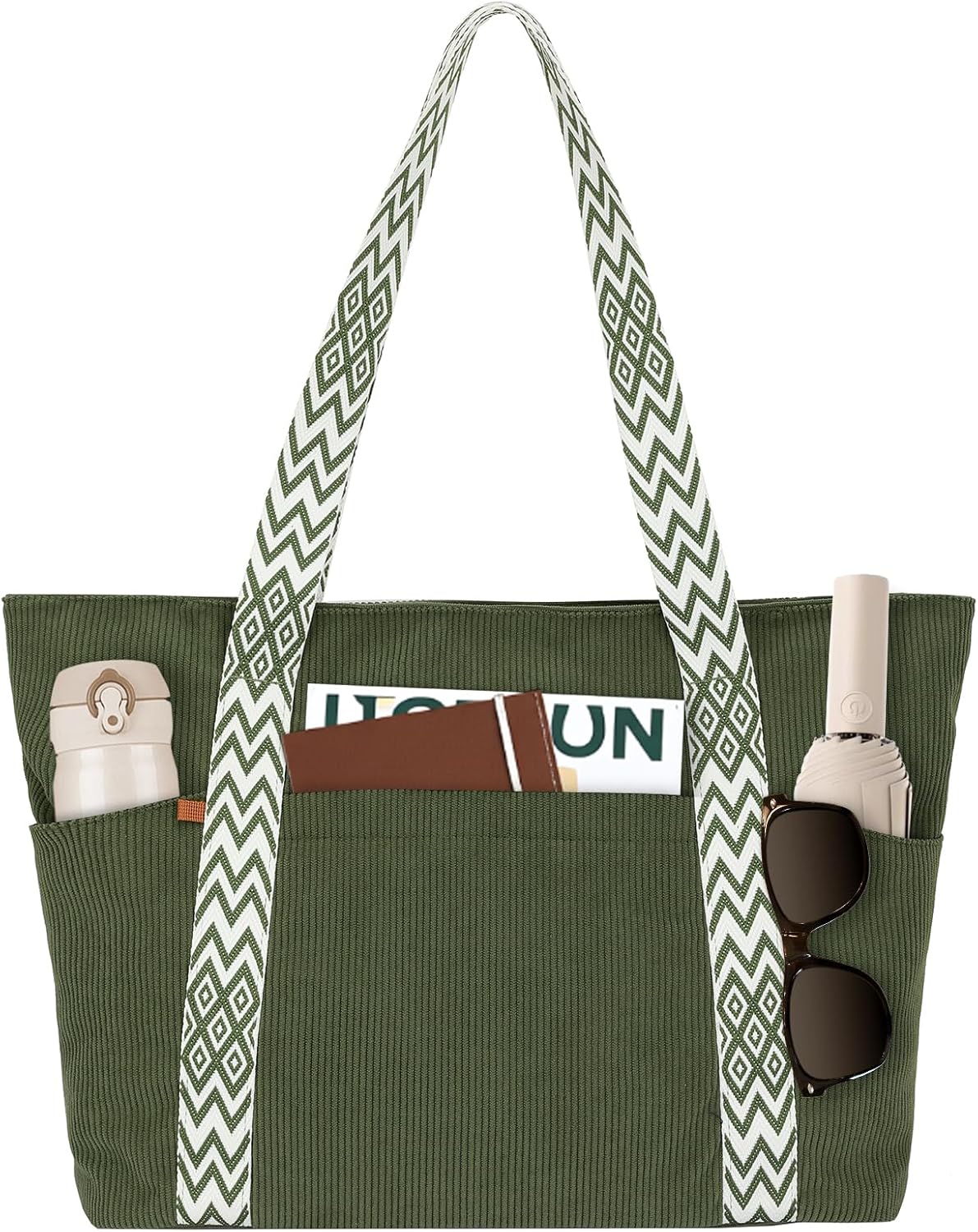 Large Corduroy Tote Bag with Zipper for Women, 15.6" Laptop Work Tote Bag with Boho Straps for Casual Daily Travel