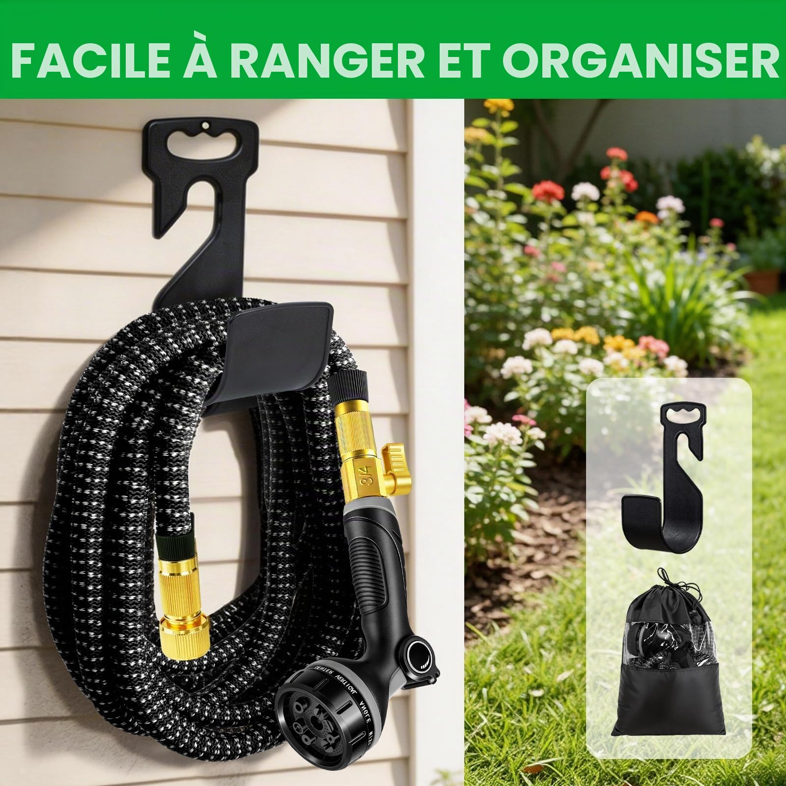 Tuyau Arrosage Extensible 15m, Tuyau d'arrosage Retractable avec 1/2" et 3/4" Adaptateur, Tuyaux d'arrosage avec 10 Modèles de Pulvérisation pour Jardin Irrigation Nettoyage Laver la Voiture