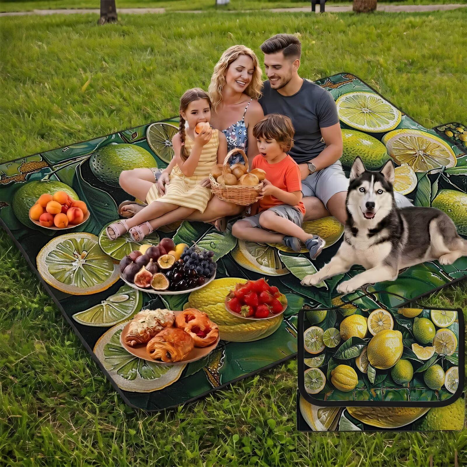 Couverture de Pique-Nique Grande 200x300 cm,Outdoor Couverture Imperméable,Pliable Tapis de Plage Dos en PVC Anti-Sable,Picnic Blanket pour Camping Accessoires,Jardin,Parc,Famille - Vert,citron UZ-522